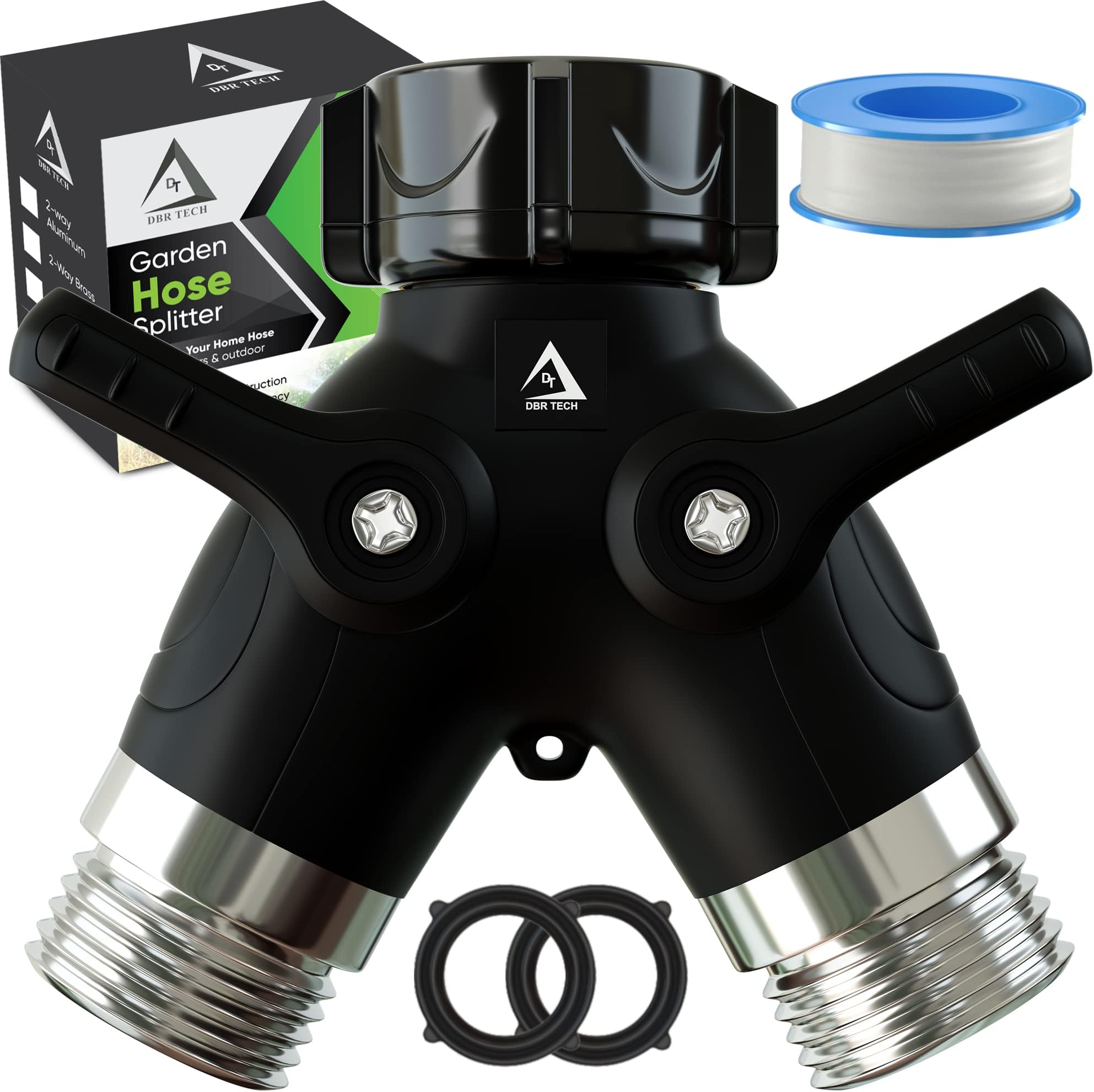 Hose Splitter 2 Way, Heavy Duty Metal Connector, Two Way Garden Hose Splitter, High Flow Spigot Faucet Bib Adapter, Solid Double Y Shut Off Valve for Outdoor Gardening Hoses, Black