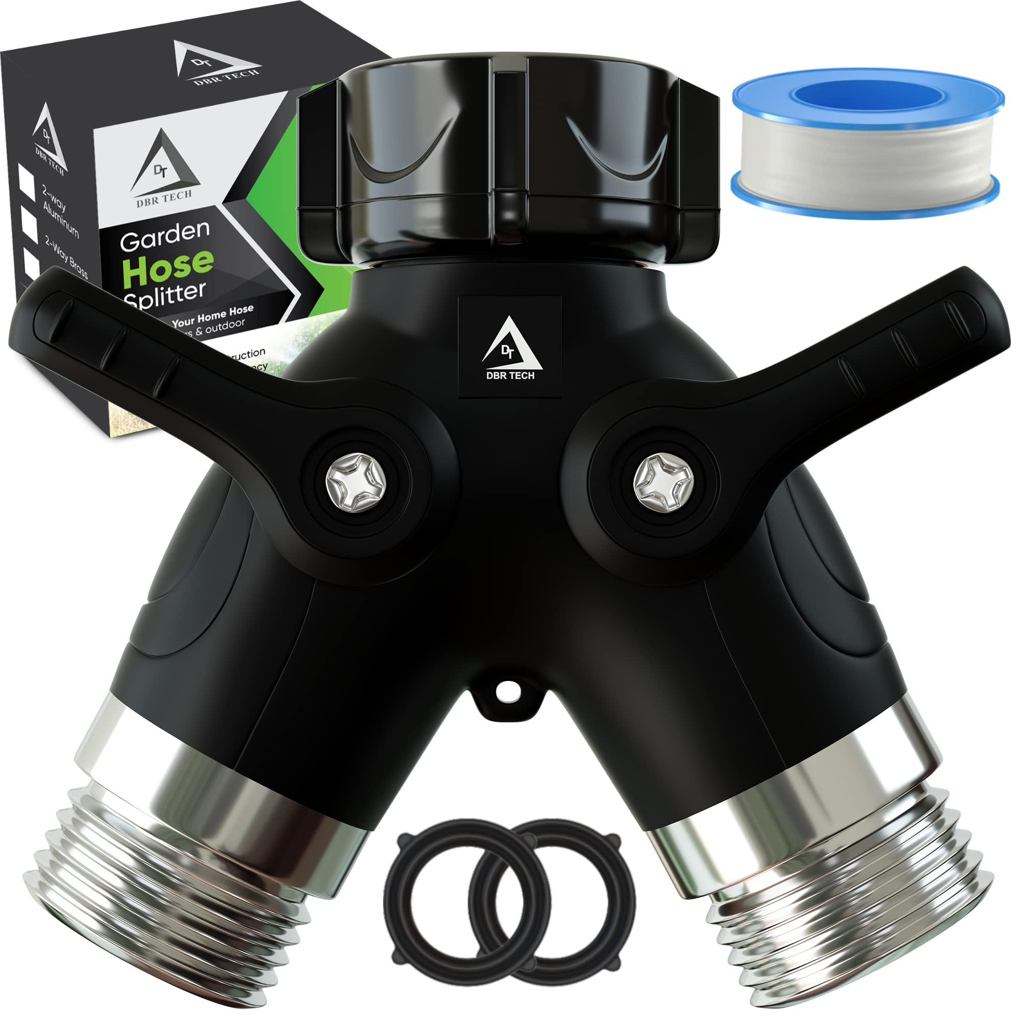 Hose Splitter 2 Way, Heavy Duty Metal Connector, Two Way Garden Hose Splitter, High Flow Spigot Faucet Bib Adapter, Solid Double Y Shut Off Valve for Outdoor Gardening Hoses, Black