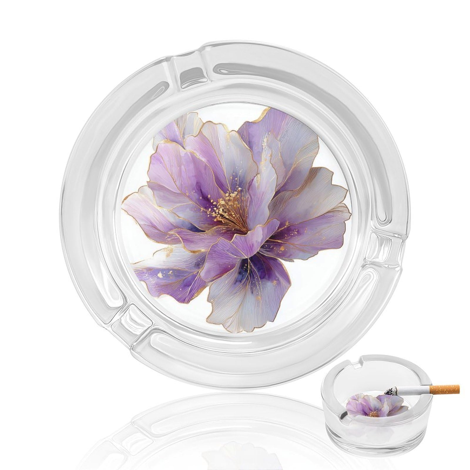 Abstract Watercolor Translucent Lilac Flower with Gold Glass Ashtray for Cigarettes Portable Decorative Ash Trays for Home Office Decor