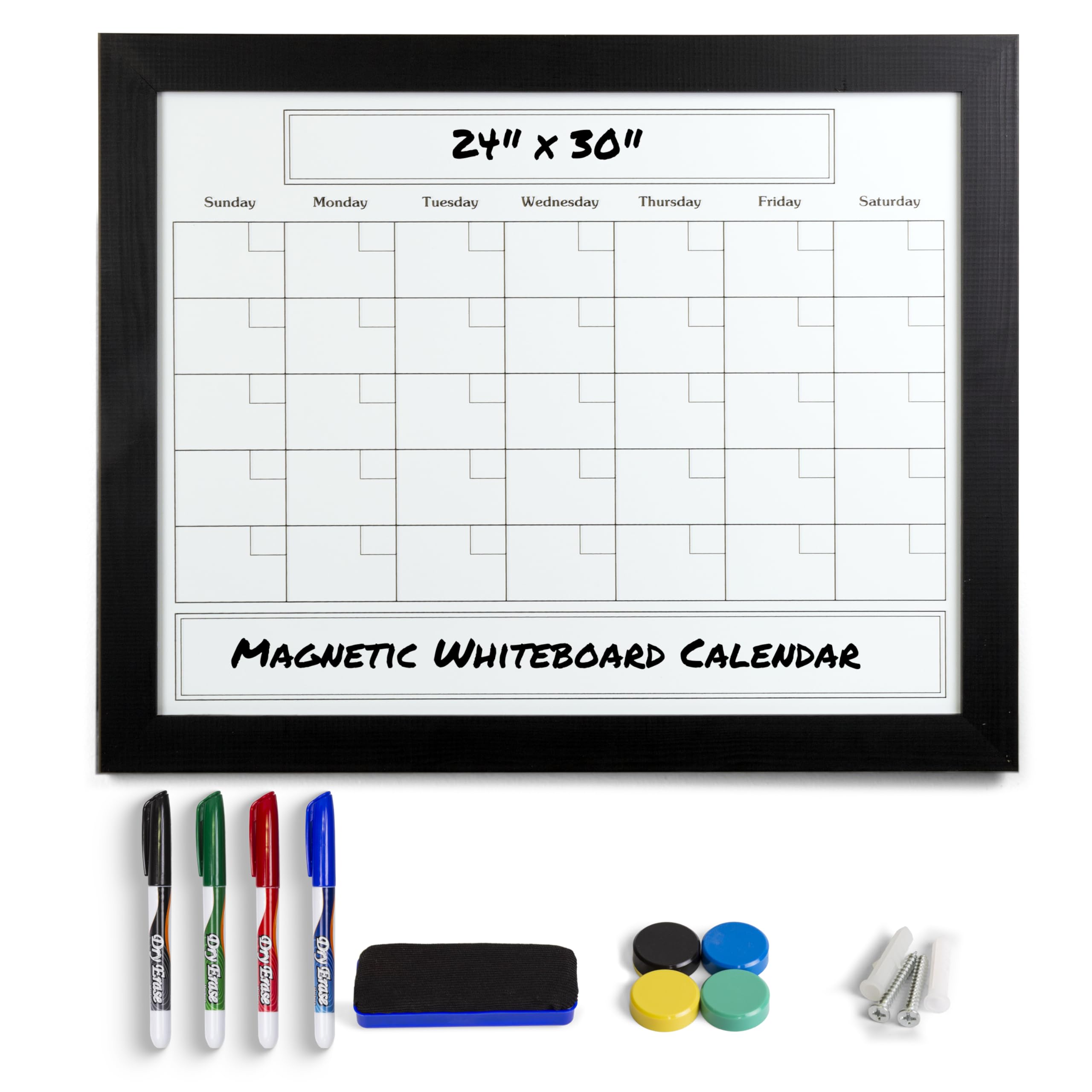 Large Magnetic Dry Erase Whiteboard Calendar with Real Wooden Frame, Large 24" x 30" Size, Wall Mount, Includes 4 Assorted Color Markers, Eraser and 4