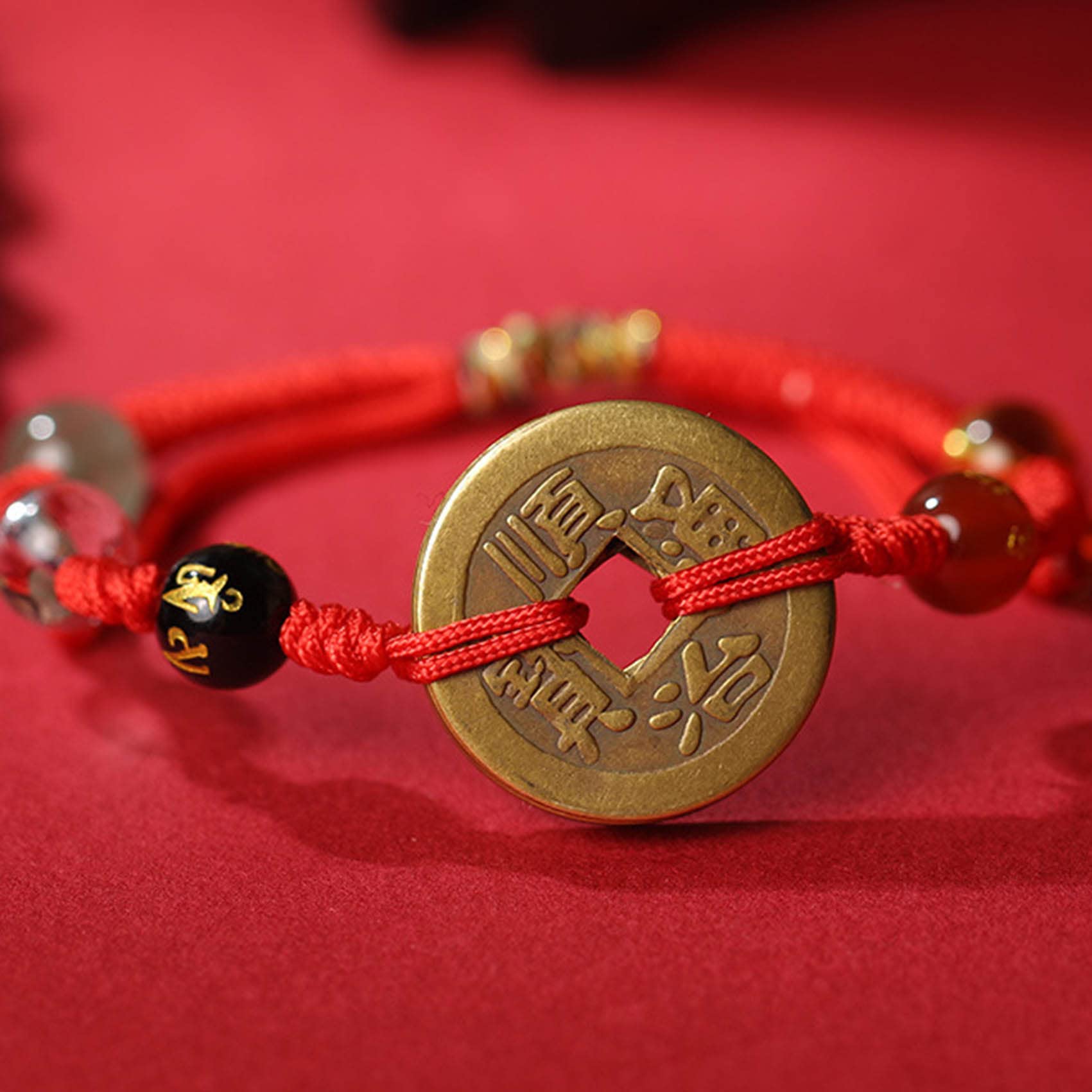 Pulsera Feng Shui Tobillera Pulsera de Hilo Rojo Cinco Monedas Antiguas Amuletos de la Suerte Pulsera Cuentas de Riqueza Pulsera de Cristal Pulsera Budista Hecha a Mano Ajustable