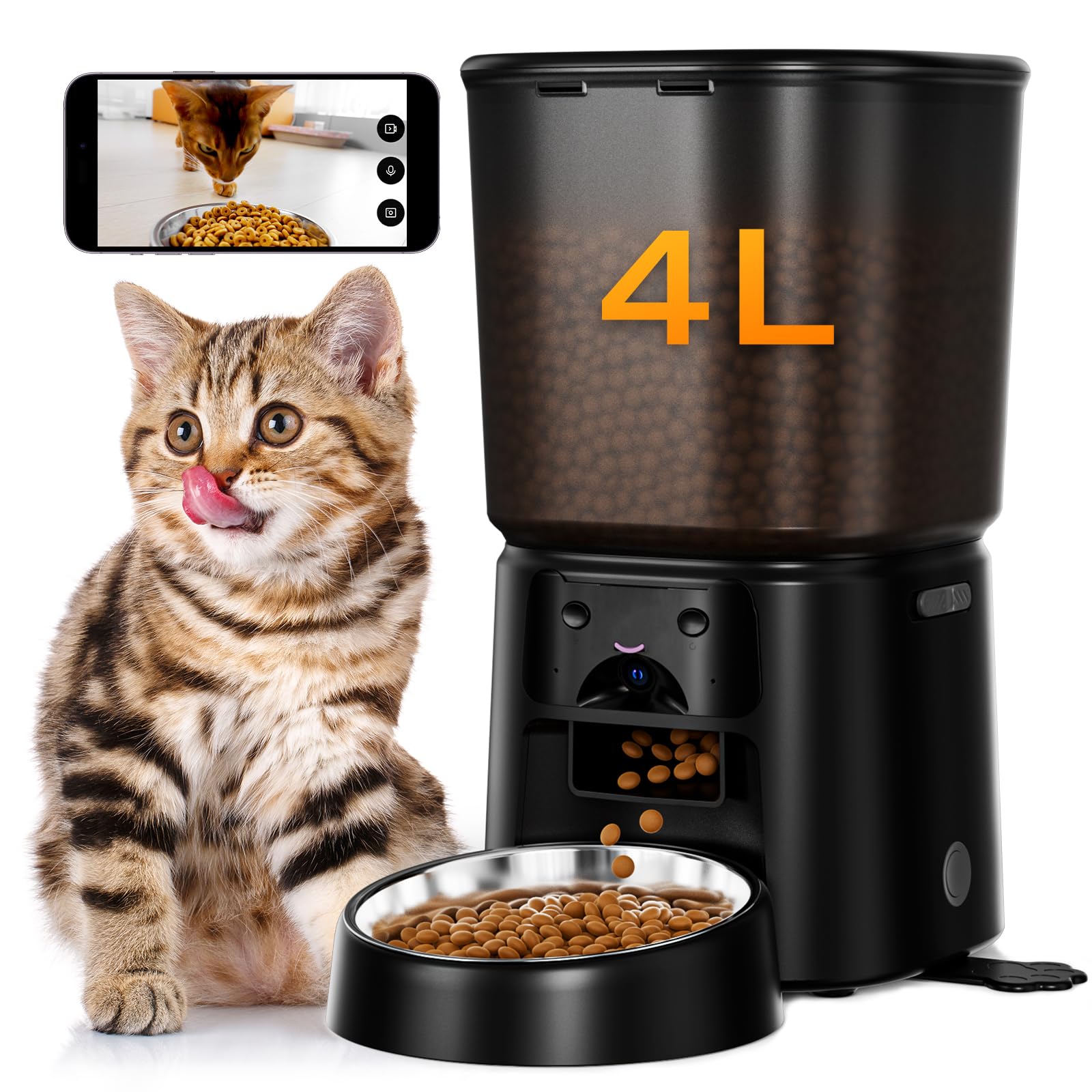 Alimentatore automatico per gatti con fotocamera, alimentatore intelligente WiFi 4L con controllo APP, video HD 1080p, visione notturna, chiamata vocale, rilevamento del movimento, doppia