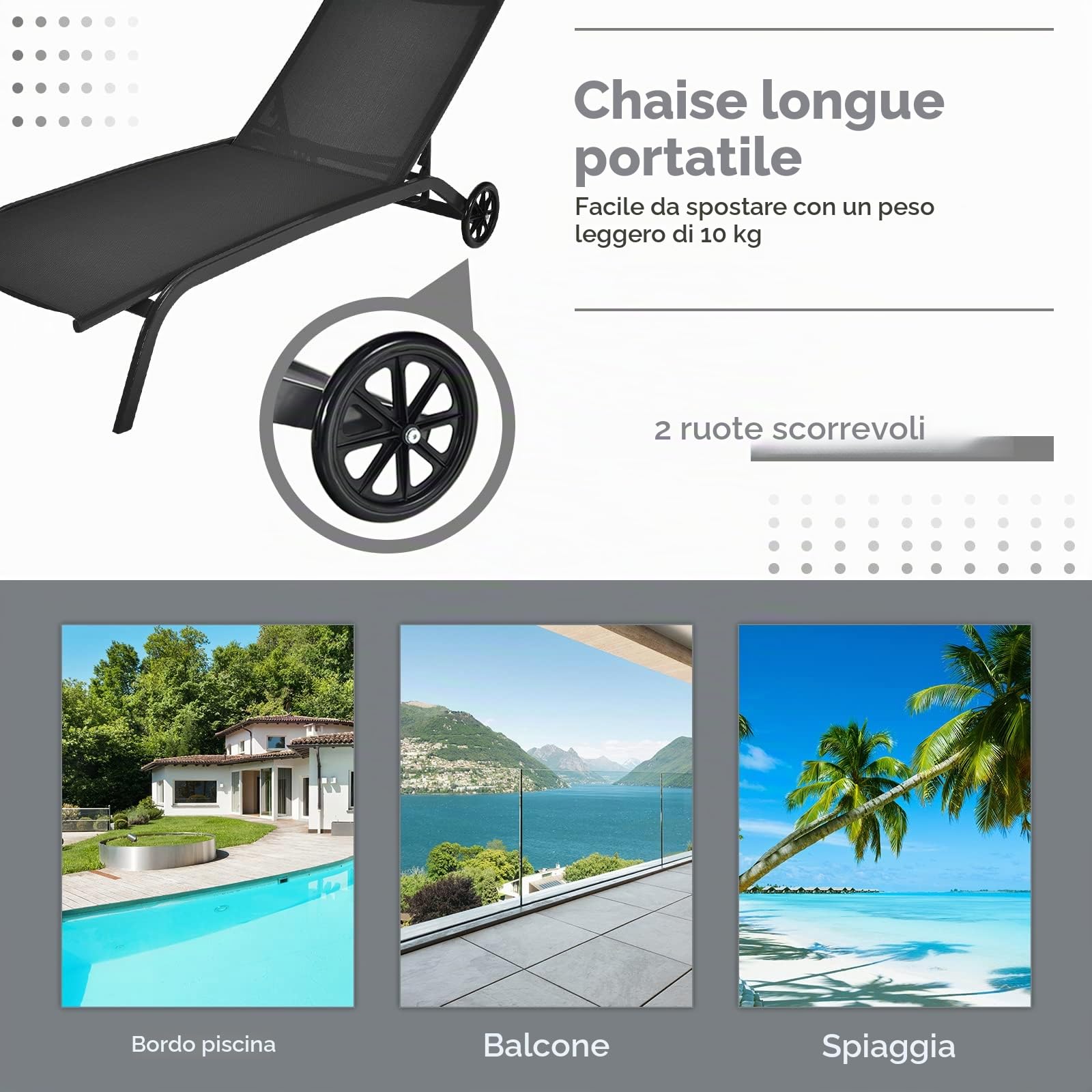 GIANTEX Lettino Prendisole con Ruote, Sedia a Sdraio Regolabile in 6 Posizioni per Giardino, Balcone e Piscina, Portata fino a 150 kg, 191 x 61 cm, 3 Colori (Nero)