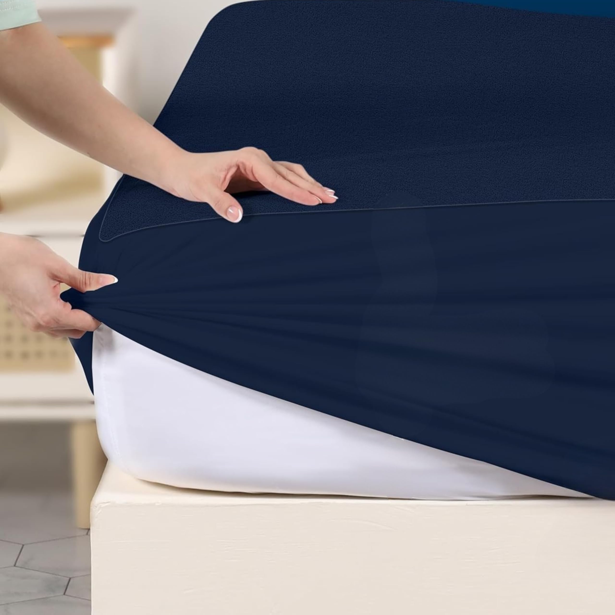 9villa 100% Waterproof Premium Cotton Feel Mattress Protector | Ultra Soft Breathable & Hypoallergenic Fitted Bed Protector Terry Cover | Fits Upto 10 Inches (Navy Blue, 72 x 48,4x6 Feet)