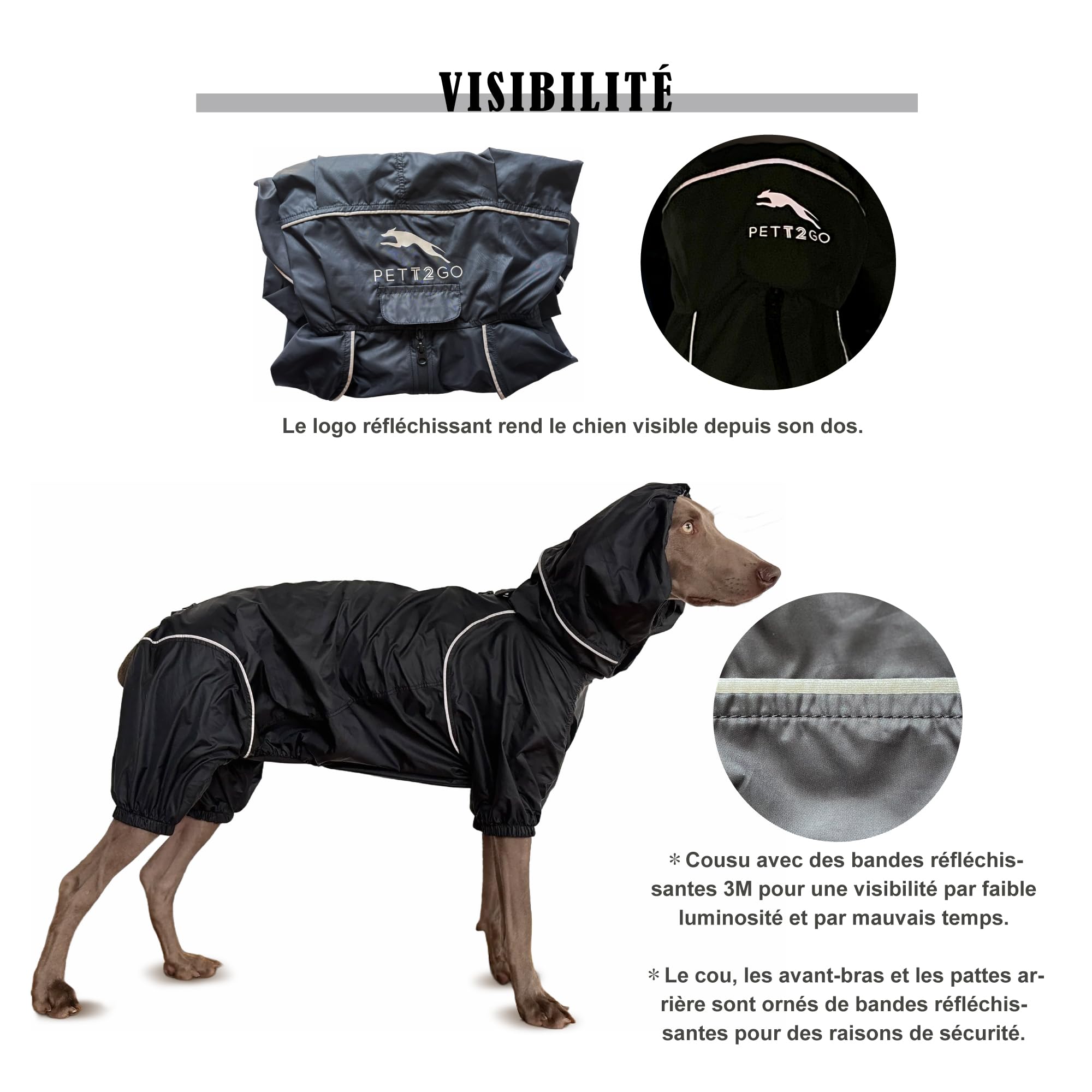Coupe-Vent Léger pour Chien, Manteau avec Jambes, à Capuche, Trou pour Laisse, Réfléchissant, Compactable (Noir Charbon, M)