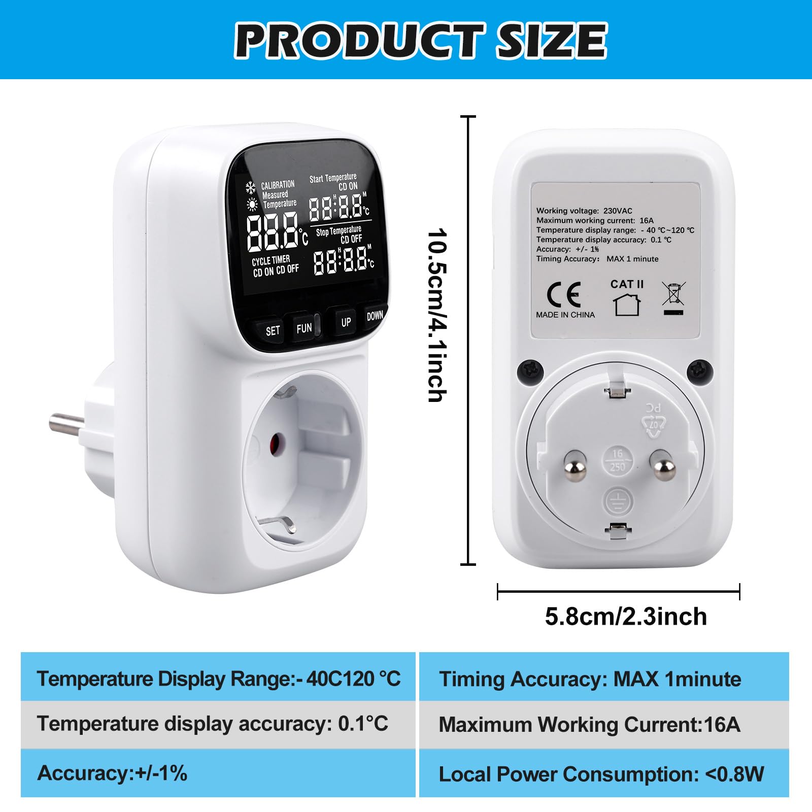 Temperaturregler, Digitaler Thermostat Steckdose, mit VA Bildschirm, Zeitschaltuhr Steckdose, Thermostate, Timer Steckdose, für Gewächshaus, Reptilien, Aquarium, Terrarium, Kühlschrank Fermentation