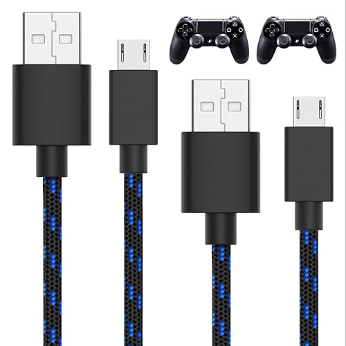 TALK WORKS PS4 Controller Charging Cable for Playstation 4 - Long 10 Heavy Duty Braided Micro USB Cord Charger Cord for Sony - Black Pack of 2