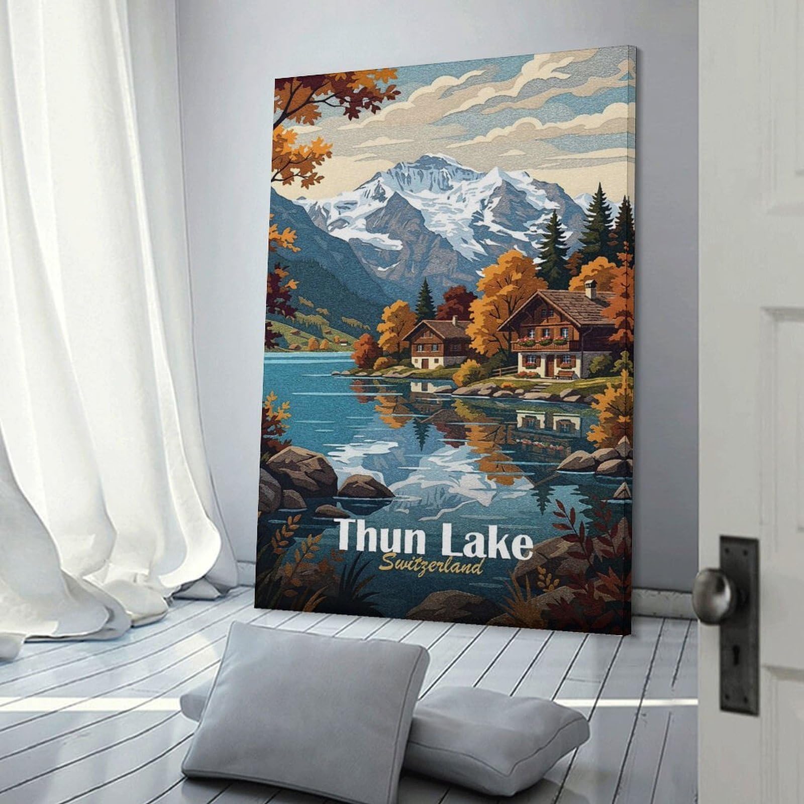 Junmoney Wall Art Print Thun Lake, Switzerland Landscape Art, 24x36inch(60x90cm), for Living Room, Bedroom Or Home Office, Thoughtful Wall Decor for Art Lovers