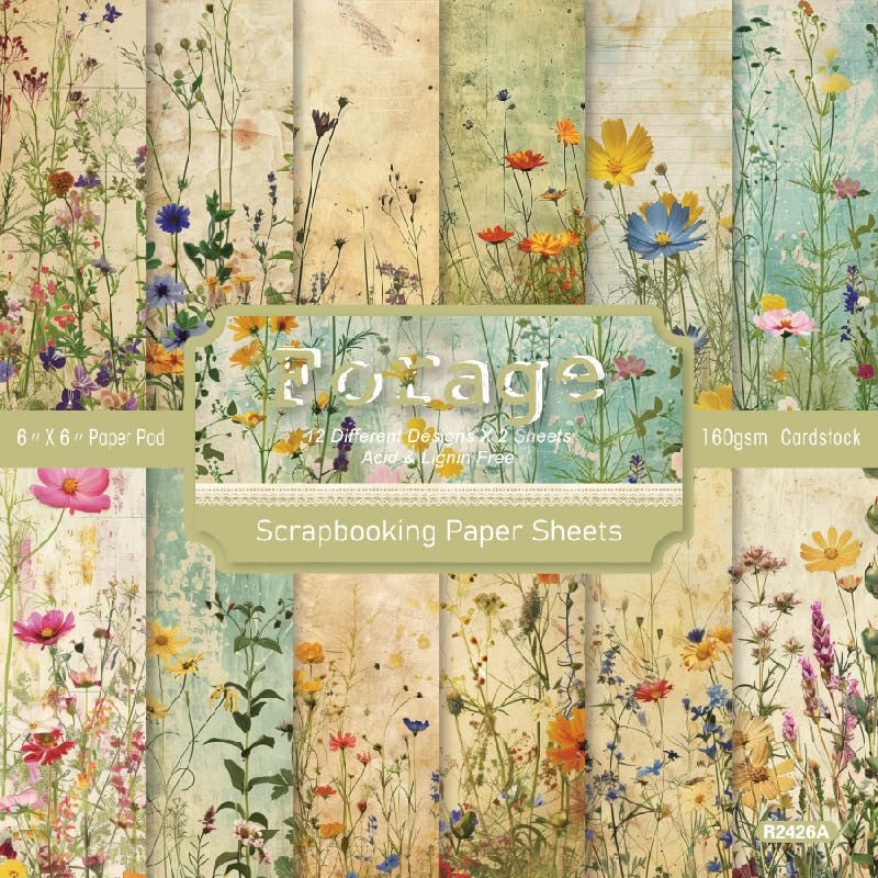 DiiWmme 24 Sheets Flower Scrapbooking Paper Pad,6x6Inch Decoupage Paper Sheets,12 Style Patterned Paper,Single-Sided Vintage Cardstock for DIY Card Making,Junk Journal and Craft Supplies (Lowers) — image 1