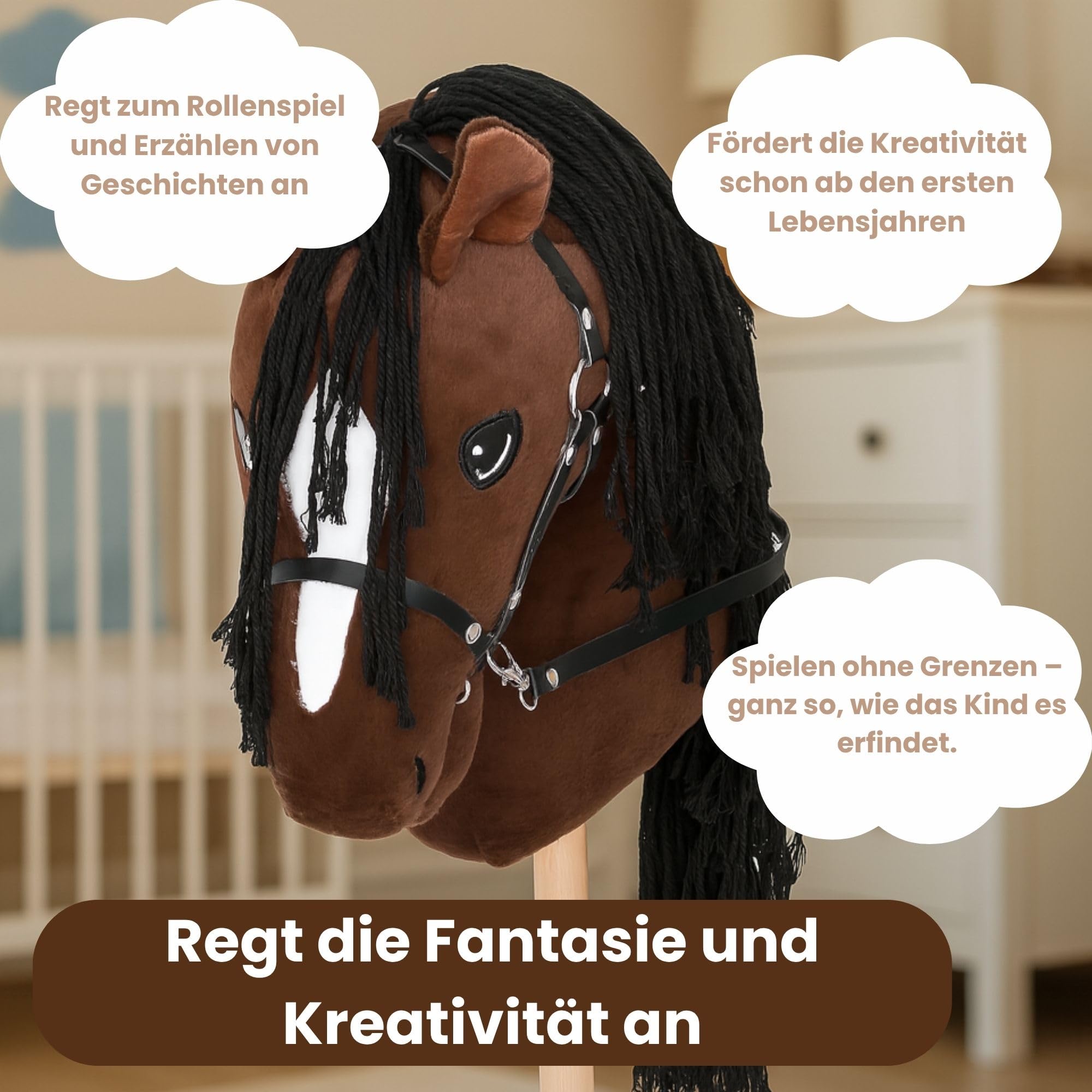 Start Hobby Horse – realistyczny koń na kiju z długą grzywą do układania fryzury – dla dzieci (A3) (Bella (Brązowy))