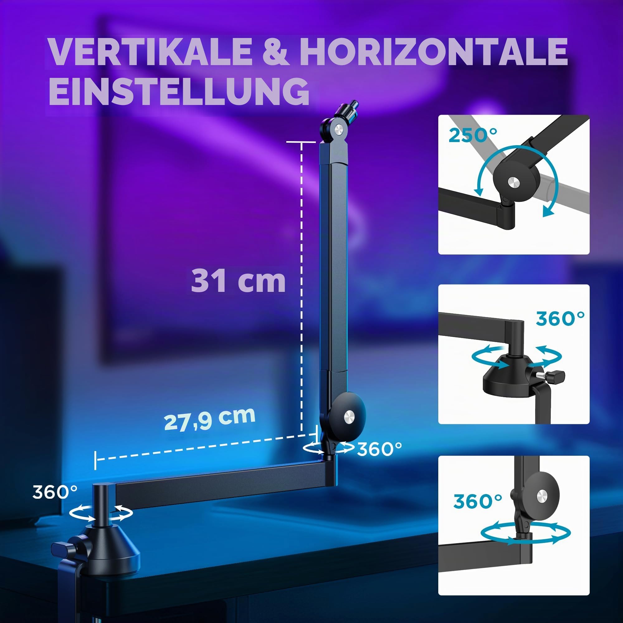 InnoGear Niedriger Profil-Mikrofonarm, 360° Drehbarer Mikrofonständer für Fifine AM8 K669B Blue Yeti HyperX QuadCast SoloCast AT2020, Mit Mikrofon-Clip 3/8 Zoll auf 5/8 Zoll