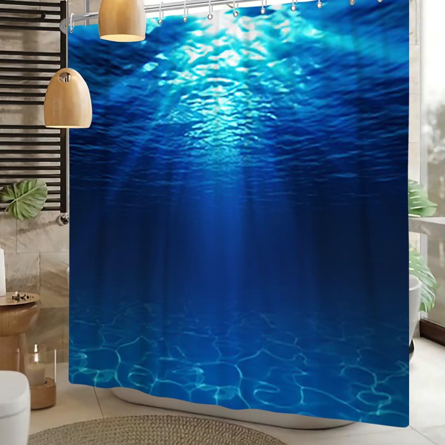 Xiaoterna Ocean Shower Curtain Water Shower Curtain Summer Holidays in Beach Pool Sea Shower Curtain Deep Sea Blue Ocean Scenery Shower Curtain Machine Washable Waterproof Fabric 150x180cm - Image 2