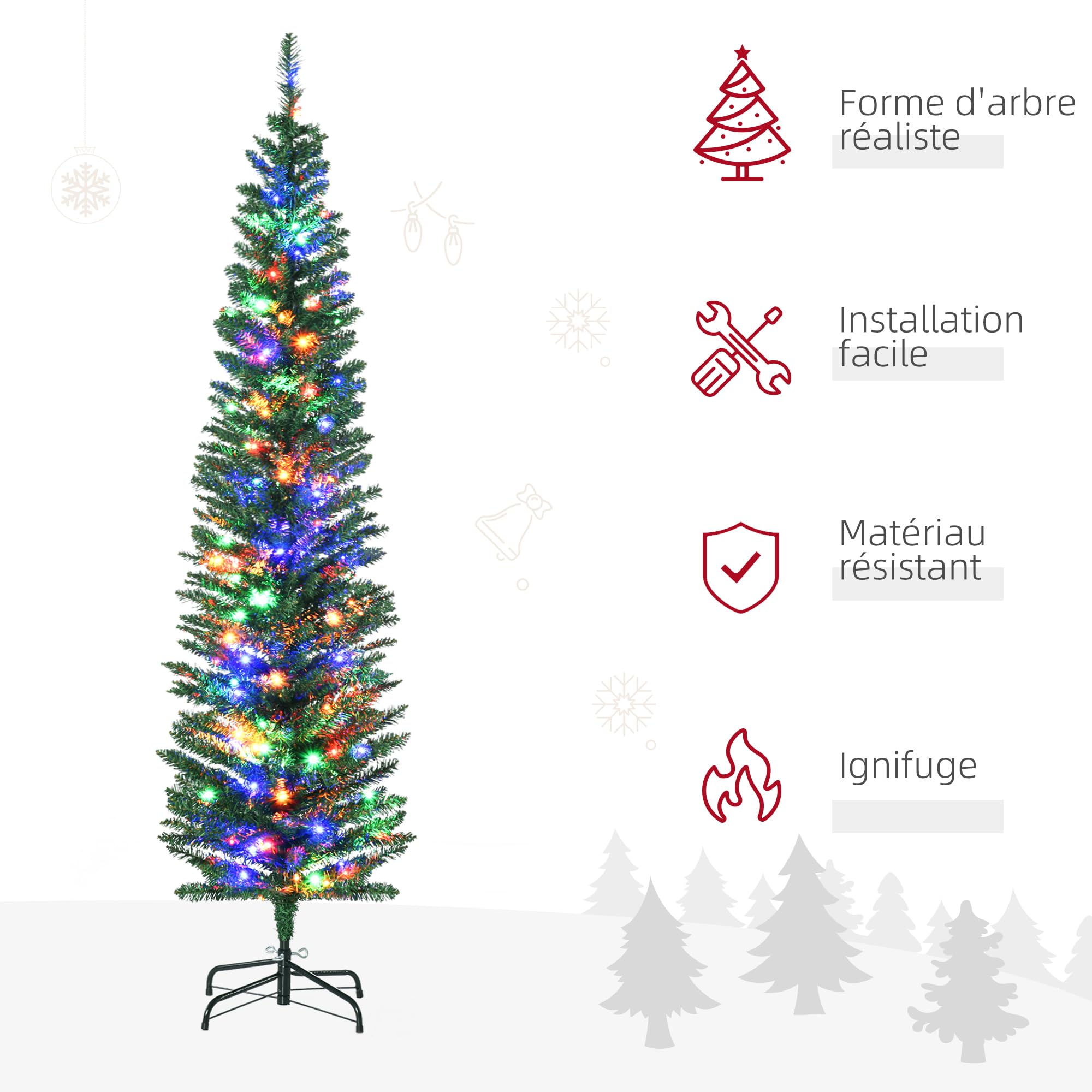 HOMCOM Sapin de Noël Artificiel Lumineux 180 cm en Forme de Crayon Vert | Arbre de Noël, 150 Lumières Multicolores, 390 Branches, Base en Acier