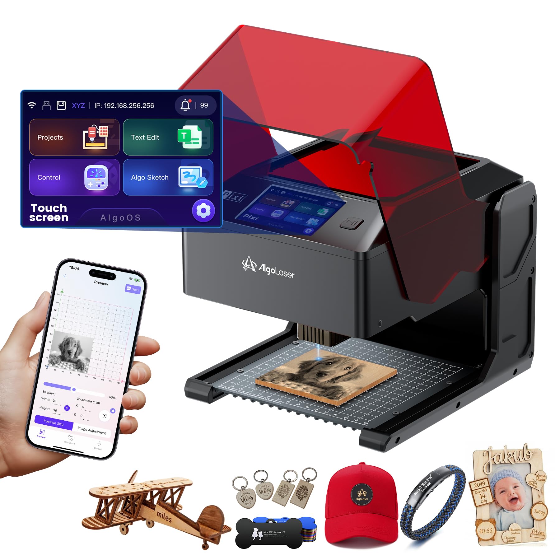 algolaser 10w portable laser engraver machine: smart laser engraver/cutter with 3.5" touchscreen & algoos system - hand draw/wireless transmission/offline - laser engraving for wood,metal,glass