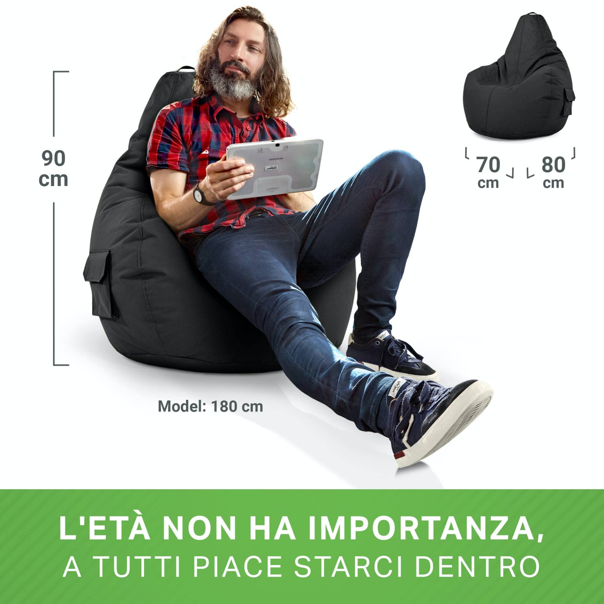 Green Bean© Poltrona a sacco con schienale 80x70x90cm - Sedia Gaming 230 litri di imbottitura accogliente, morbida, e lavabile - Cuscino pavimento Pouf Sgabello Poltrona da gioco Relax Nero