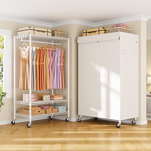 Miniatura 7 de P6C - Perchero con ruedas con tapa, percheros de ropa cubiertos resistentes, armario portátil para colgar ropa, percheros con ruedas, estante