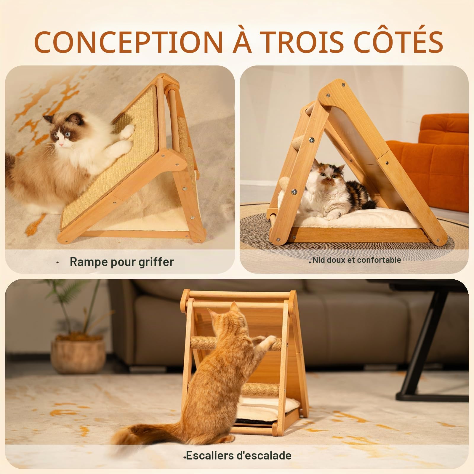 CheerPals Griffoir en sisal pour chat - Design triangulaire pliable - Bois de hêtre massif et tampon en sisal naturel - Grand 51 x 36 x 45 cm - Meubles pour animaux de compagnie pour tous les chats