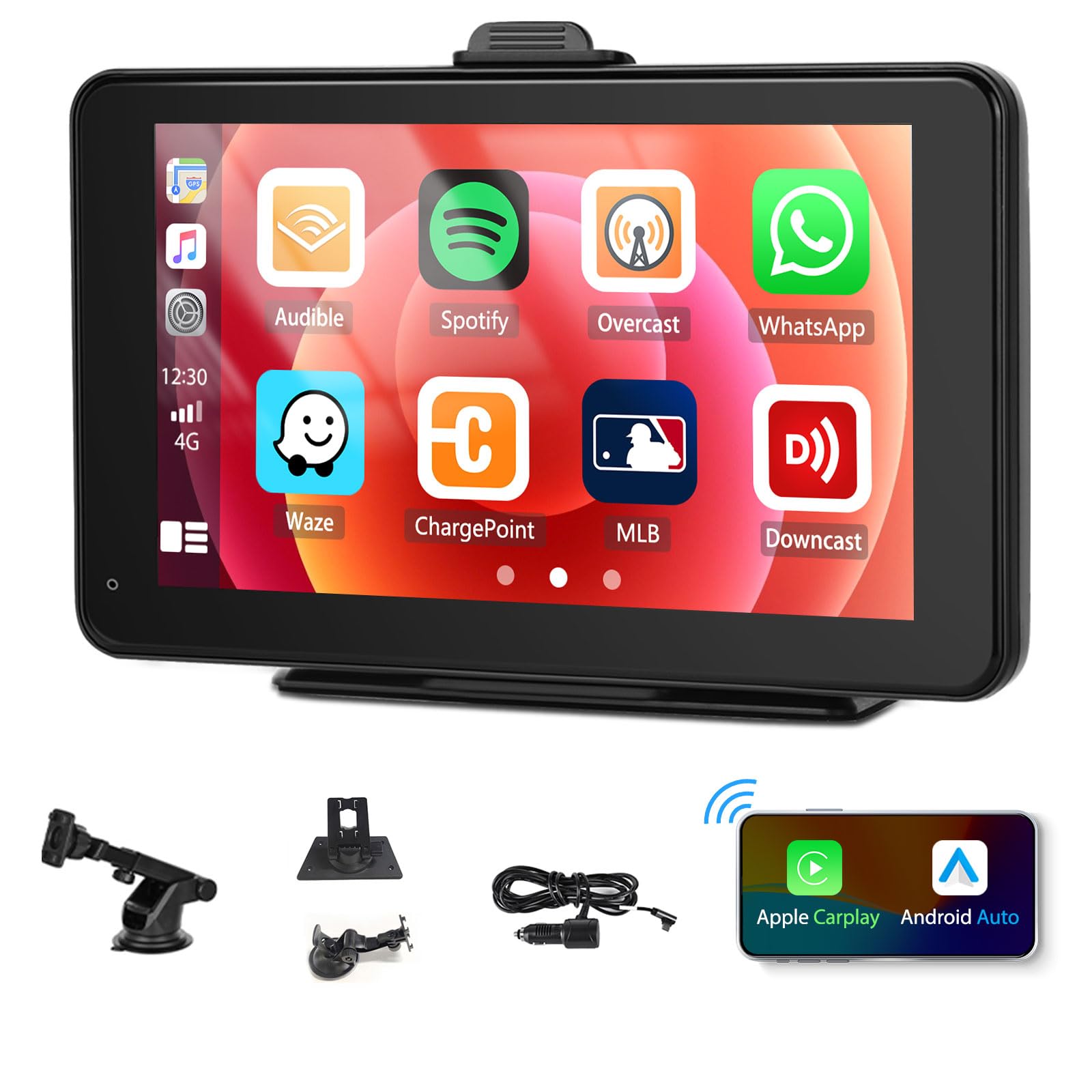 Portable Carplay Screen Wireless Apple Car Play Android Auto, 7'' HD IPS Touchscreen Car Radio Receiver, Wireless Carplay Screen for Car Support Apple Airplay Voice Control FM Bluetooth AUX (7-32V)