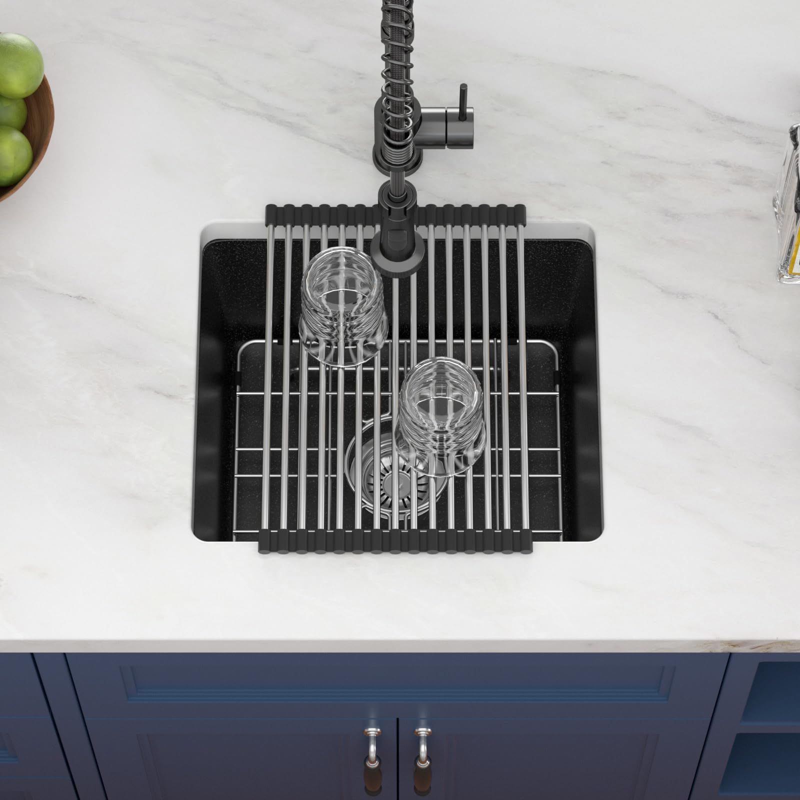 LOF-Q4542 - Fregadero de cocina negro de 18 x 16 pulgadas, fregadero de granito negro pequeño de granito de cuarzo moderno bajo encimera, fregadero de cocina de un solo cuenco, fregadero 3