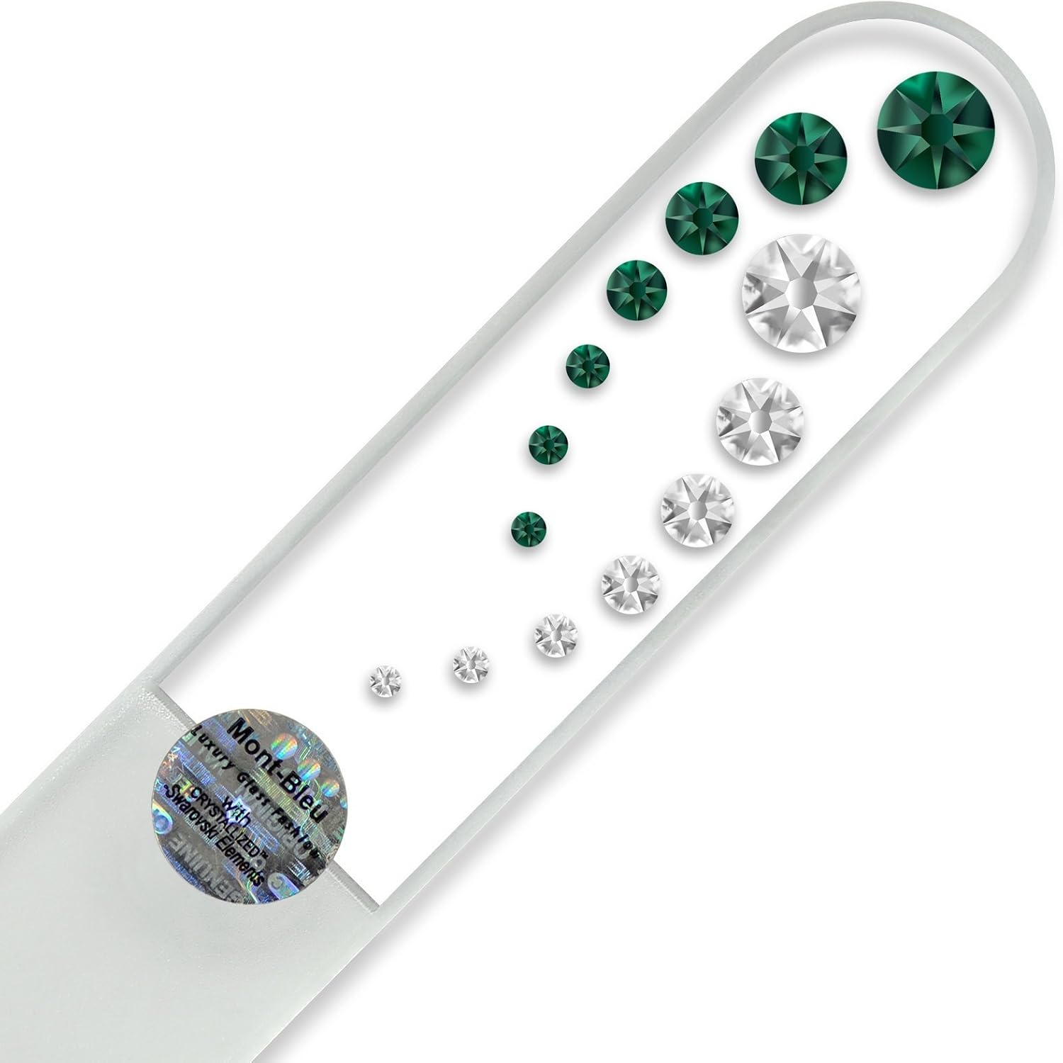 Large Glass Nail File with Swarovski Elements, Hand Made, Czech Tempered Large Glass, Lifetime Guaranty, in Suede Sleeve   Large Glass Nail File with crystals Emerald - Crystal