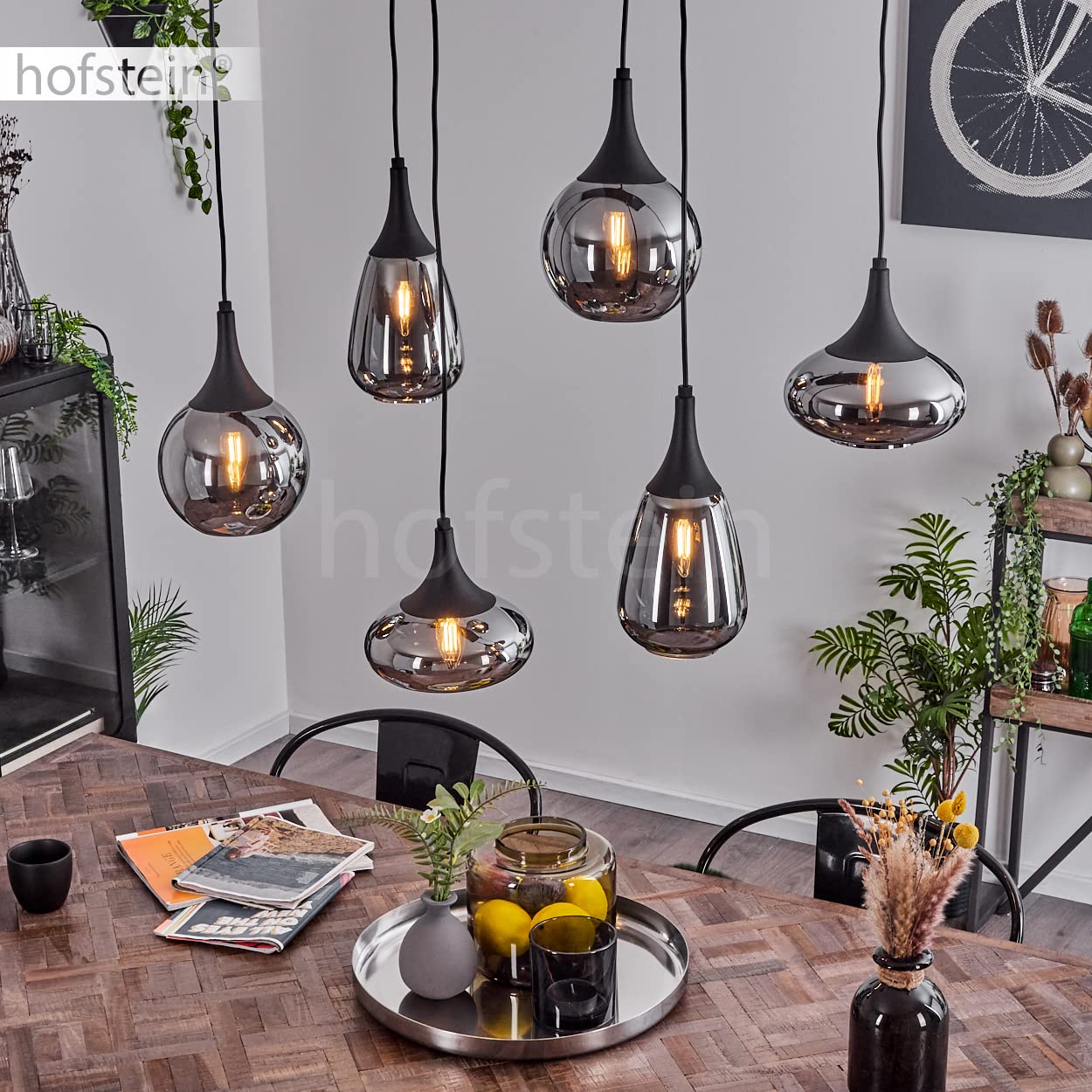 Lampada a sospensione Maynal, lampada in metallo/vetro in colore nero/cromo, lampada dal design moderno con paralumi in vetro, 6 luci, altezza massima 150 cm, 6 x E14, senza lampadina/e