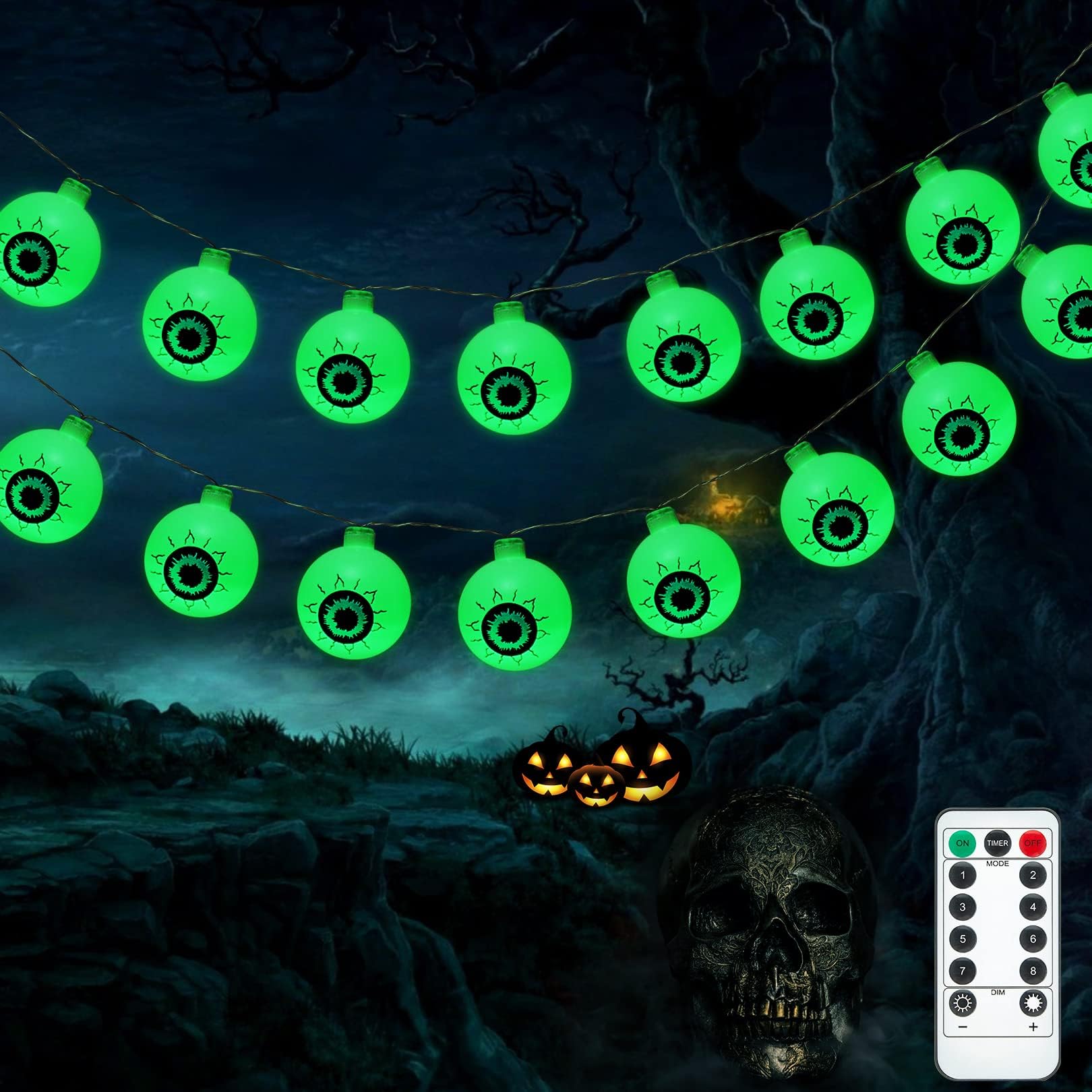 Halloween Lights, 30 LED Halloween Eyeball Lights with Remote Control & 8 Lighting Modes Halloween String Lights Waterproof Halloween Decorations Indoor for Party Garden Haunted House Decor (Green)