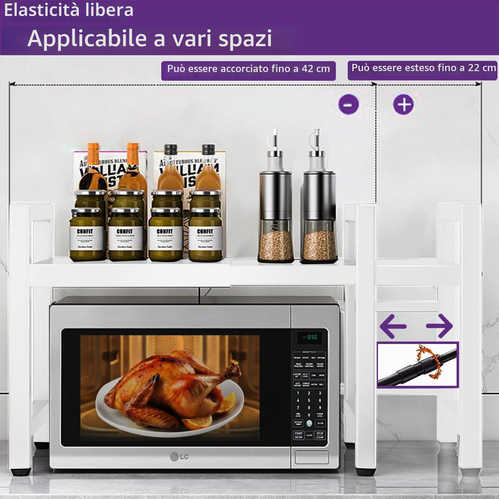 devesanter Scaffale per microonde espandibile a 2 livelli, organizer per microonde con 5 ganci, scaffale da cucina, porta spezie, piano di lavoro, scaffalature per panettieri per dimensioni da 40-64