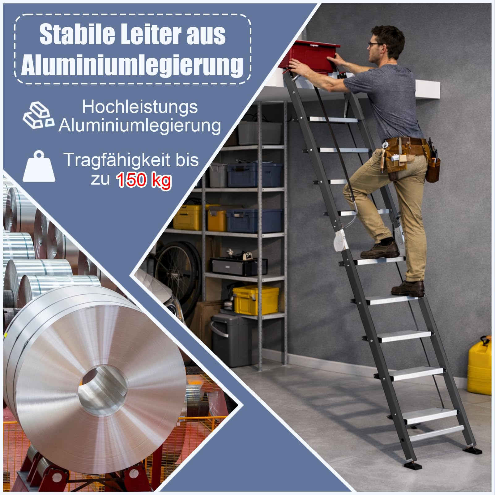 Klappbare Dachbodentreppe mit Handlauf ＆ Haken, 3–3,2m Deckenhöhe Aluminium-Bodentreppe, 12-stufige Dachbodenleitern mit Rutschfesten Stufen ＆ Fußpolstern, Tragfähigkeit 150kg