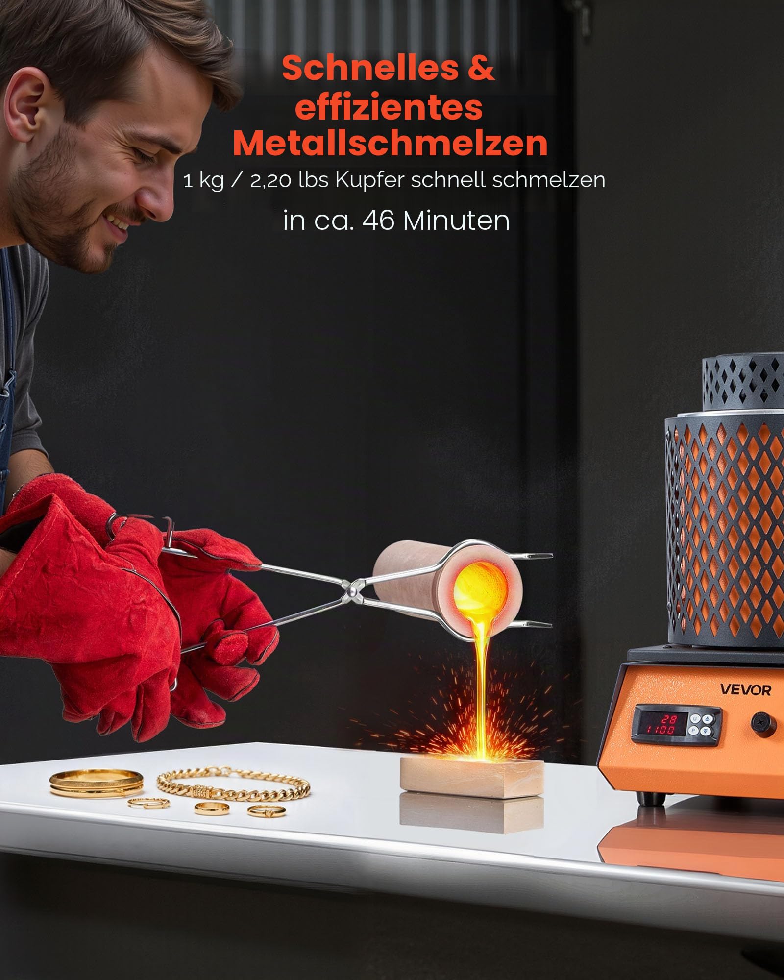 VEVOR digitaler Goldschmelzofen Maschine mit 3 kg Keramiktiegel, elektrischer Schmelzofen 1350 W max. 1150 ℃, Metallschmelzofen Set für Schmuckherstellung Metallbarren Metallkomponenten Schwarz