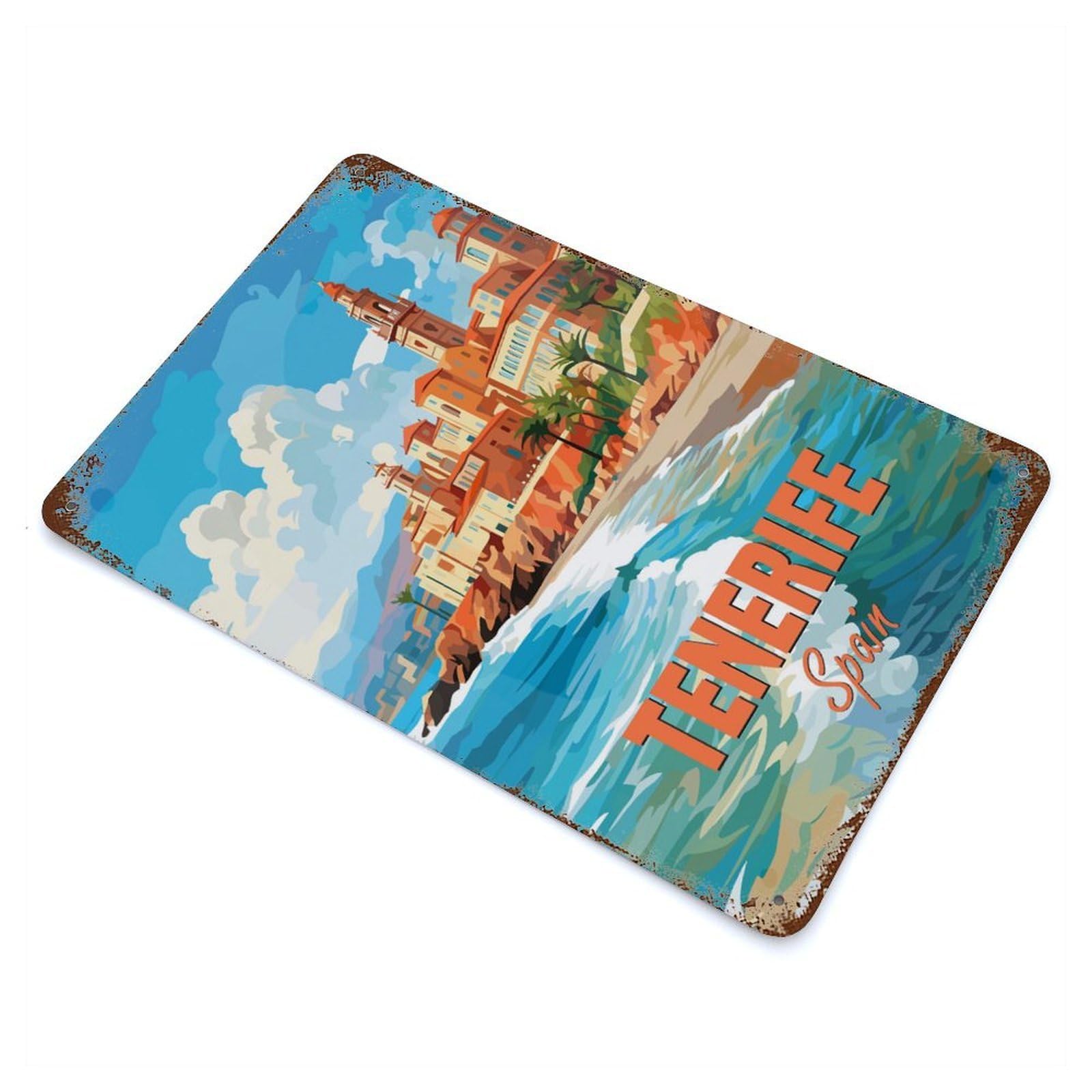 Tenerife Spain Coast Weathered Tin Sign 11.8"x7.9", Shabby Chic Decor for Garage, Pub Or Kitchen