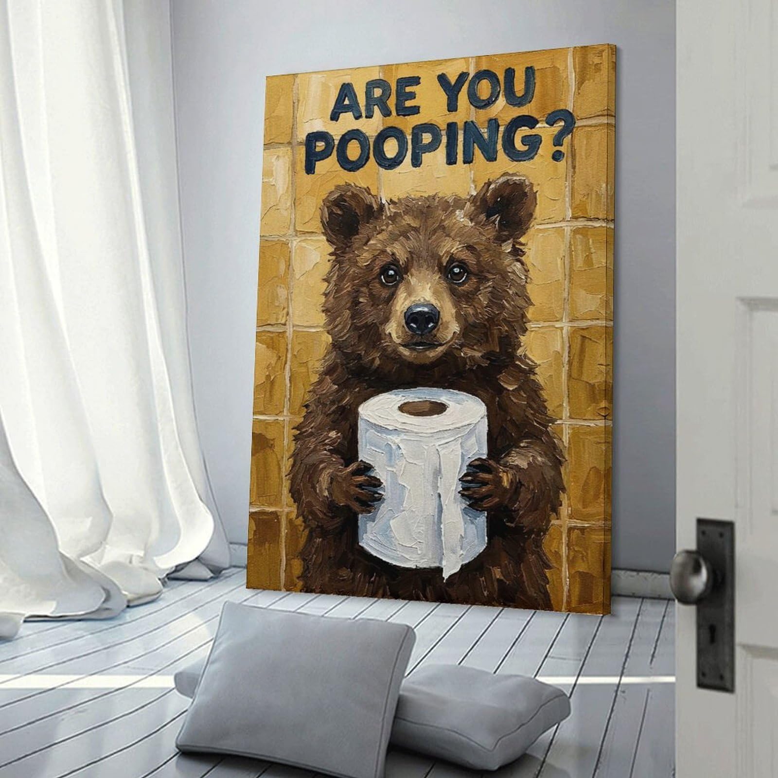 Junmoney Frame-Style-24 Are You Pooping Bear With Toilet Paper Wall Picture Print, 24X36inch(60X90cm), For Wall Displays, Bedrooms Or Room Updates, Decorative Artwork With Flexible Styling