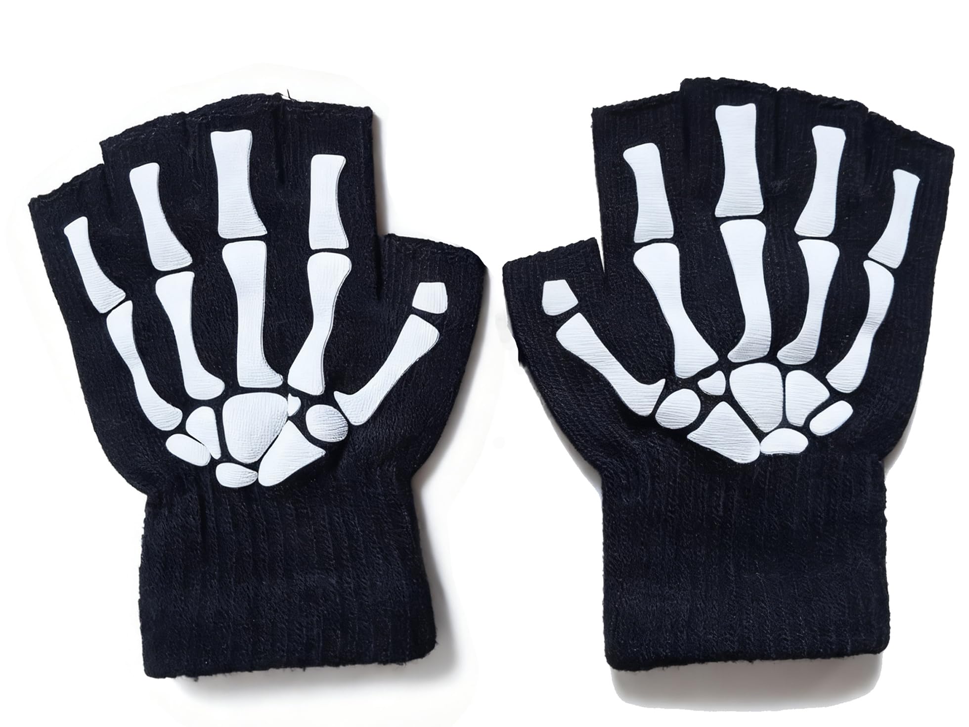 Lozadia Halloween Skeleton Glove Black Fingerless Skull Glove Glow in The Dark Luminous Winter Black Fingerless Gloves, Soft Stretchable for Adult Men Women Halloween Party Costume Accessories