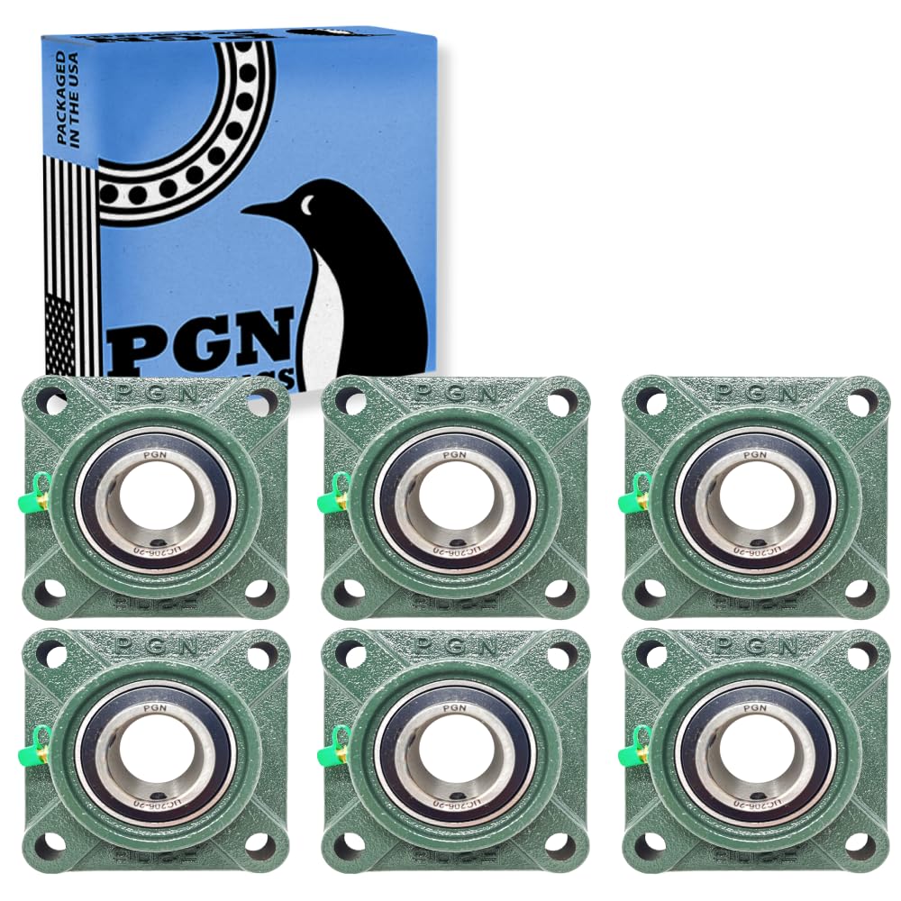 PGN UCF206-20 Pillow Block Bearing - Pack of 6 Square Flange Mounted Pillow Block Bearings - Chrome Steel Bearings with 1 1/4 Bore, Self Alignment