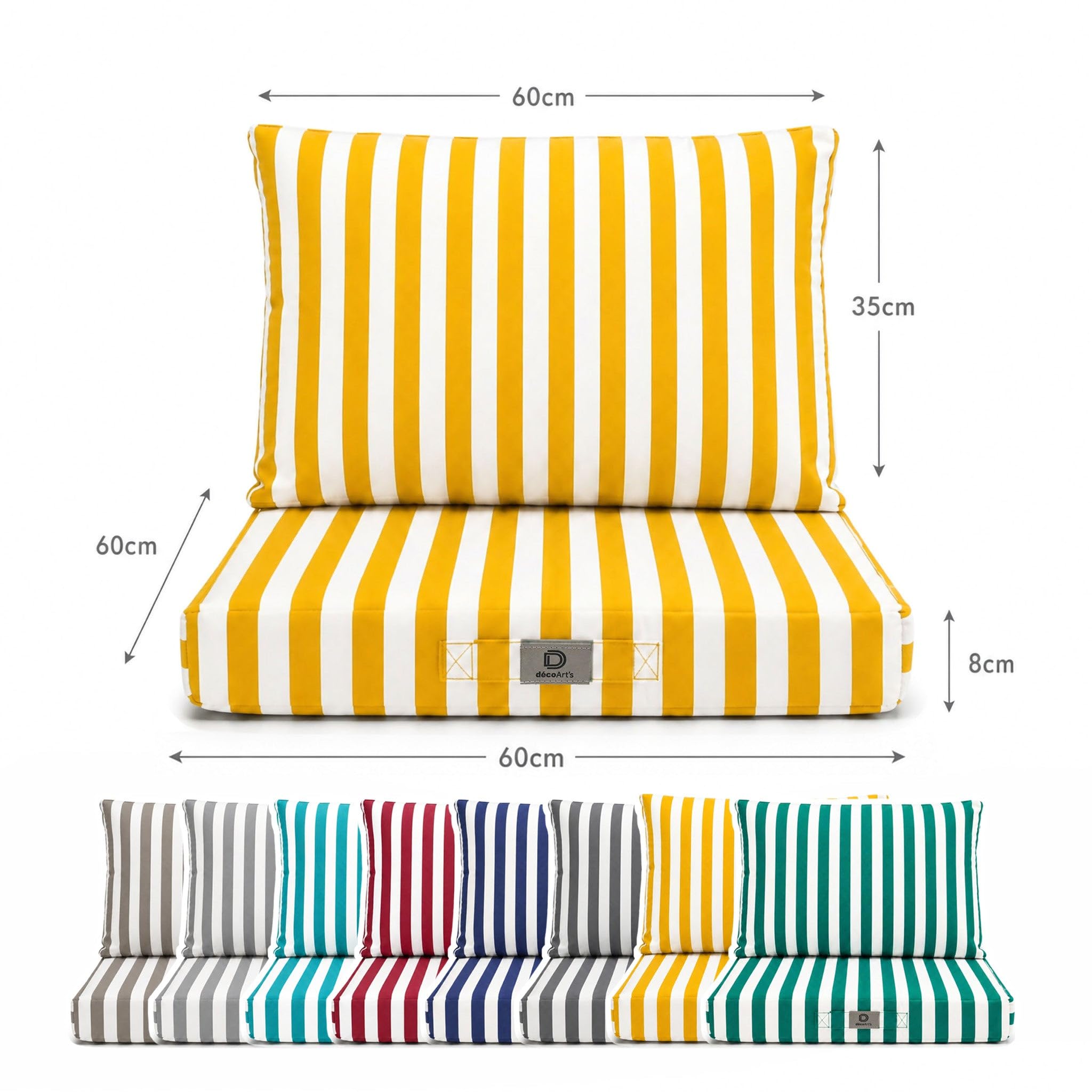 Déco Arts — Set di 2 Cuscini Sfoderabili Salotto Giardino 60x60 — Seduta 60x60 + Schienale 60x35 cm — Impermeabile Anti-UV — Ricambio Mobili Giardino Terrazzo Balcone Veranda — A Righe Gialle