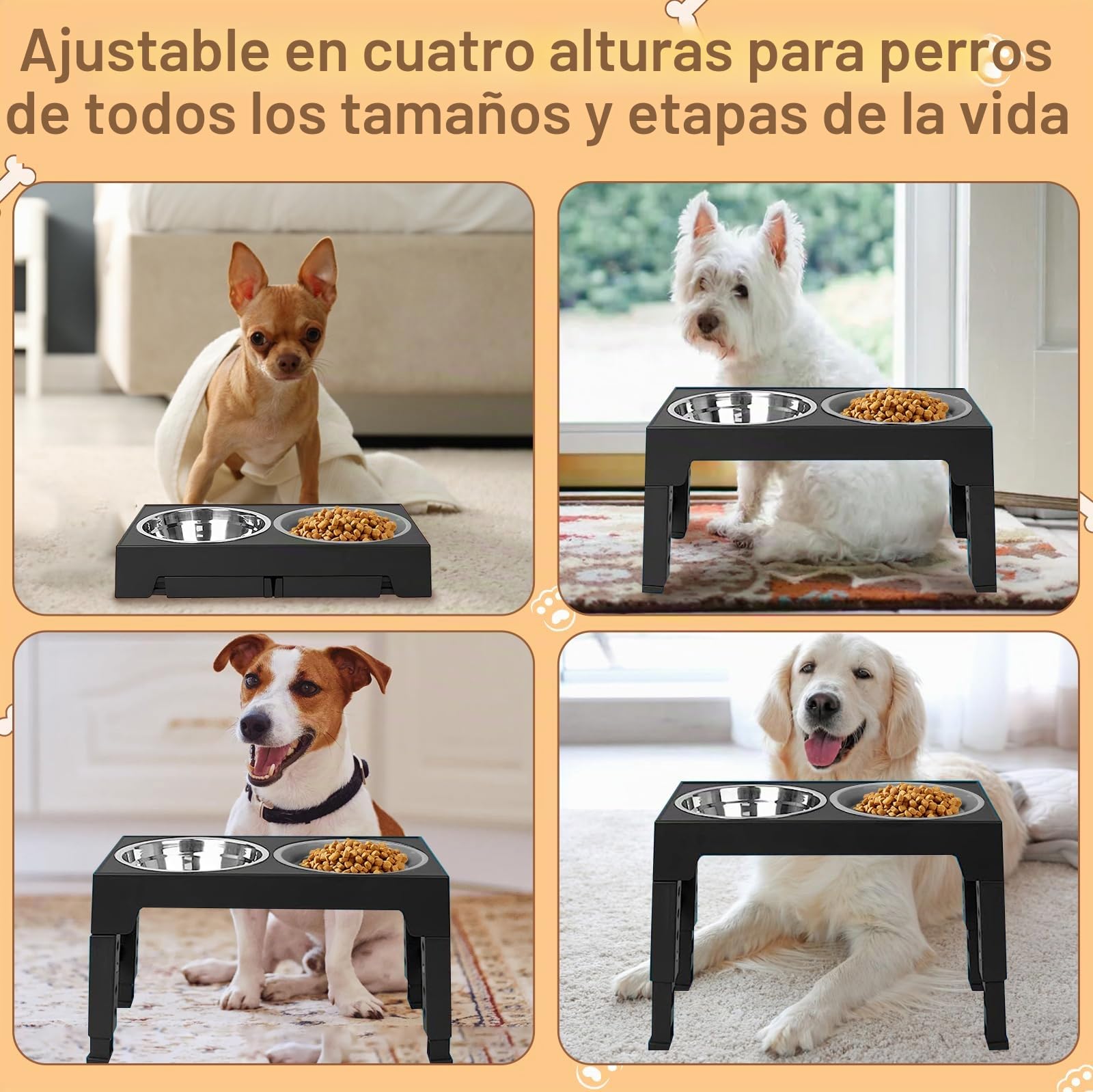 Comedero Elevado para Perros, 4 Alturas Ajustables, Cuencos de Acero Inoxidable y Alimentador Lento Antivoracidad, Soporte Antideslizante Plegable para Razas Pequeñas, Medianas, Grandes y Gatos