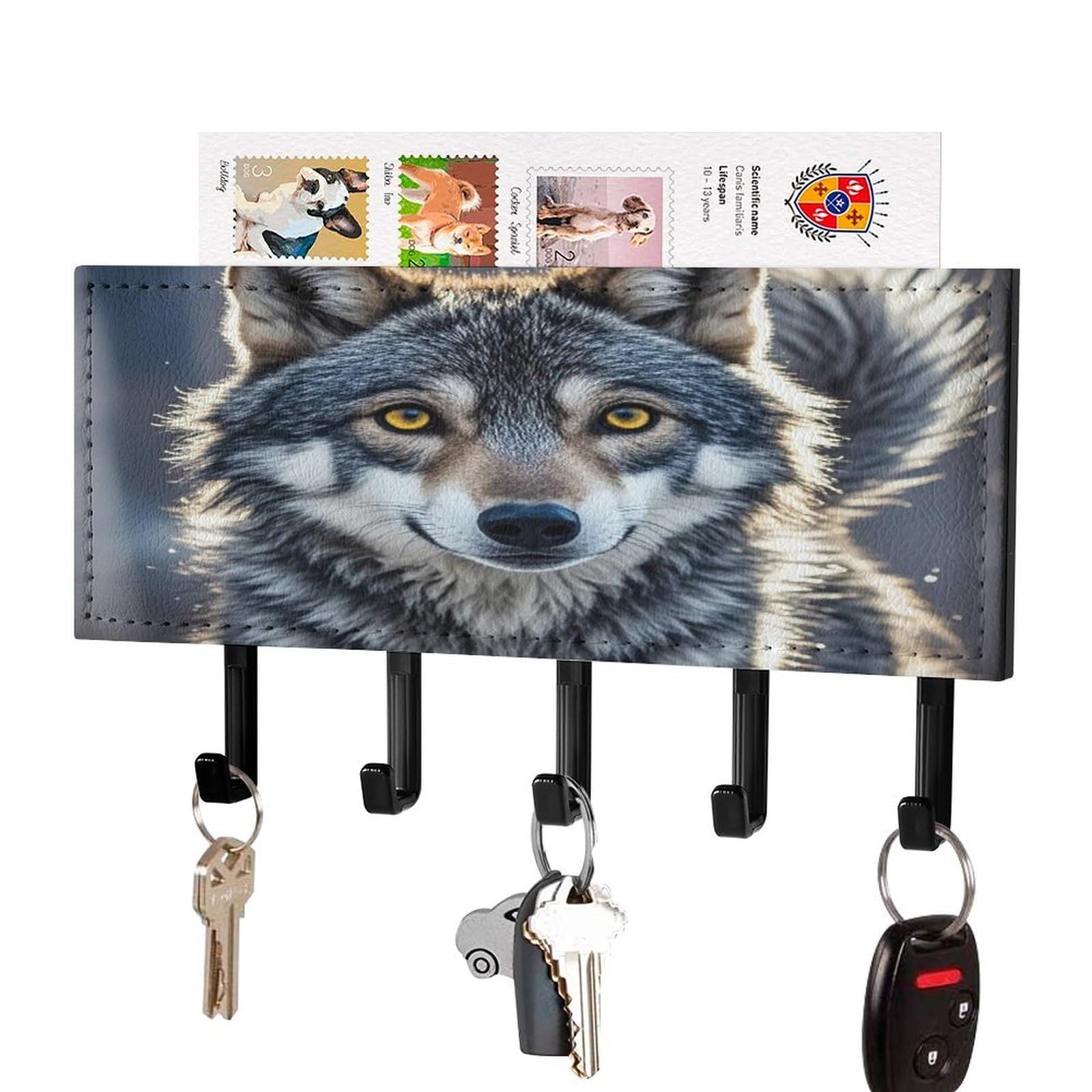 Fekiloot Black-Style Cute Wolf Key Holder Wall Mount Key Hanger With 5 Hooks Decorative Key Rack Hanging Key Hooks With Mail Organizer Key Holder For Wall Living Room Kitchen Bathroom Hallway Black