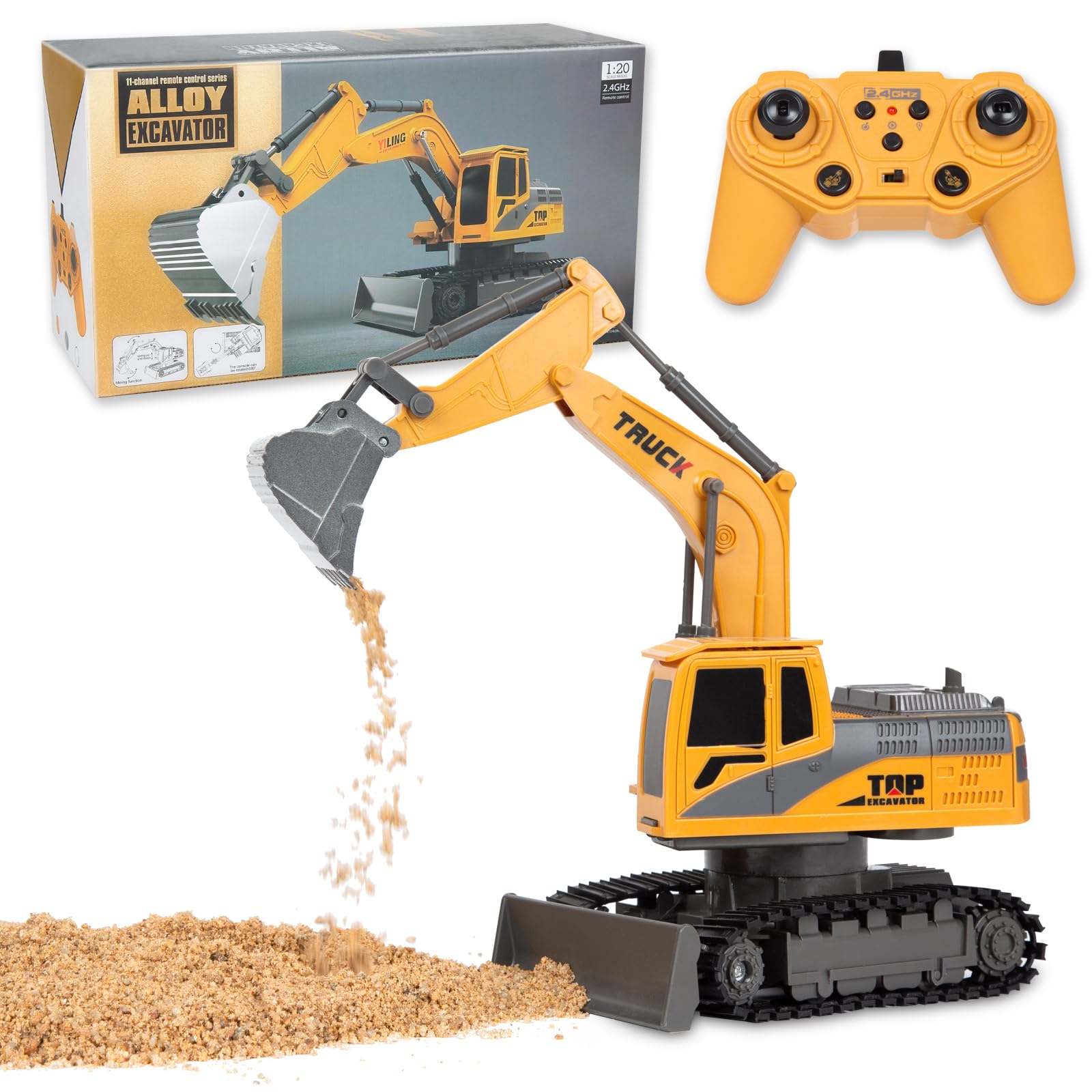 BORSCELLOR Remote Control Excavator Toys for Boys, 2 in 1 RC Digger Tractor with Bulldozer, 2.4Ghz Construction Vehicles Toys Car with Light Music for Boys 3 4 5 6 7 8-12 Year Old Kids