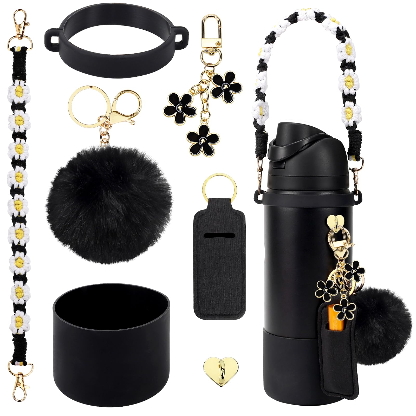 Compatible for Owala Accessories Bundle: Silicone Boot for 24oz & 32oz Bottles, Charms, Handle, Strap, Rubber Bottoms, and Decorative Add-ons for Your Compatible for Owala Water Bottle, Black
