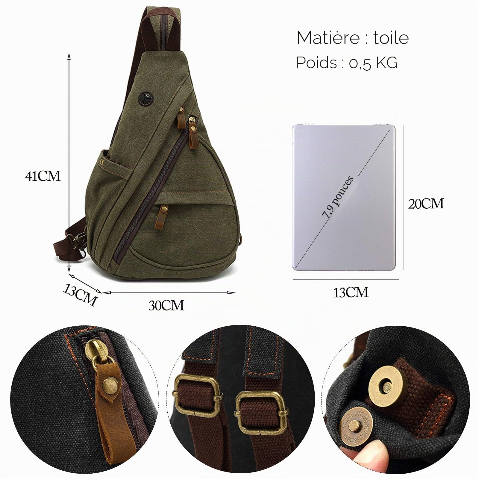 FANDARE Retro Sac de Poitrine Homme Sac À Dos Femme Sling Bag Toile Sac d'Epaule Sacoche Sac Bandoulière pour Affaires Université École Cyclisme Camping Voyage