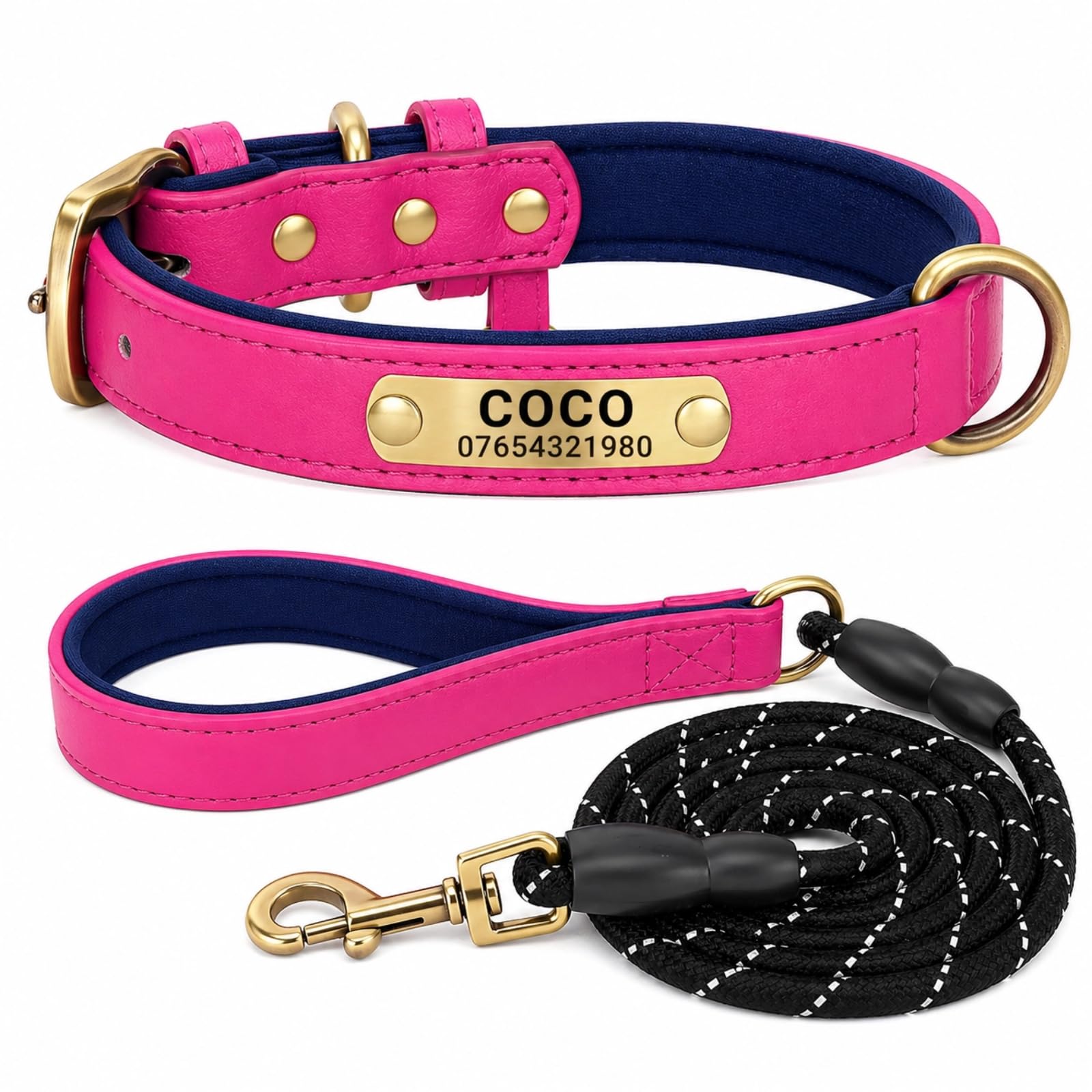 SEOUGEE Genuine Leather Dog Collar Personalised and Leash Set, Soft Padded Leather Dog Collars Heavy Duty with Custom Engraved Name Plate for Small Medium Large Dogs (S, Hot Pink Set 23-32cm) — image 1