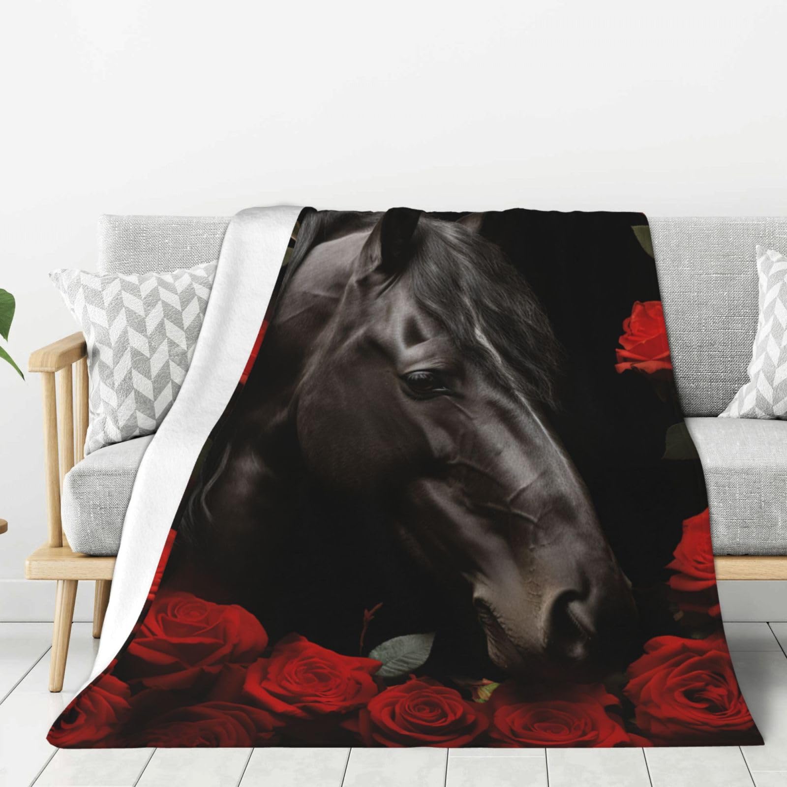 Couverture polaire plaid canapé flanelle super douce chaude toutes saisons cheval noir