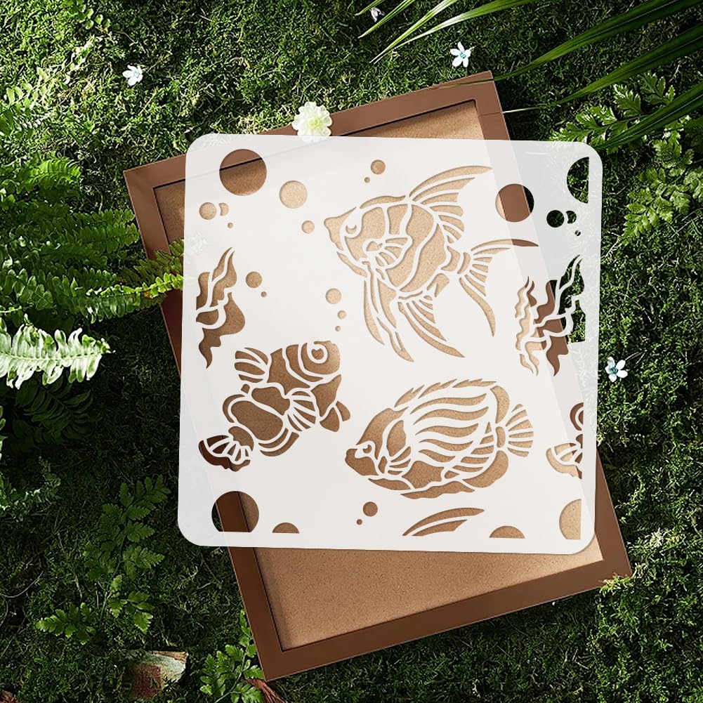 DOODLREAM Coral Fish Ocean Animal Stencil for Painting 30 x 30cm Reusable Plastic Fish Sea Animal Stencils for Painting on Wood Wall Fabric Furniture DIY Home Decor Craft Stencil - Image 4