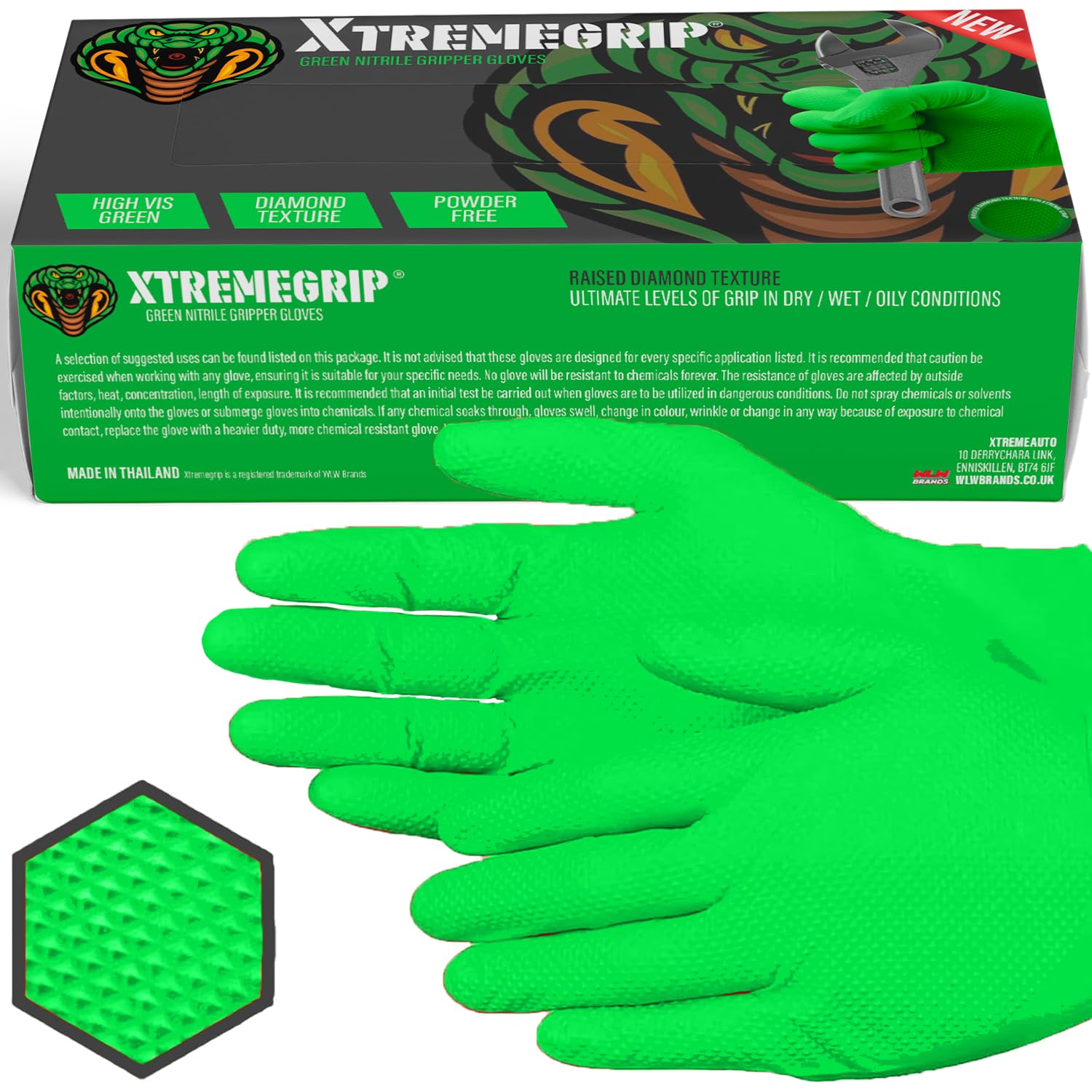 Xtremeauto Nitrile Gloves, Disposable Gloves, Diamond Grip Green, Powder-free & Latex Free Nitrile