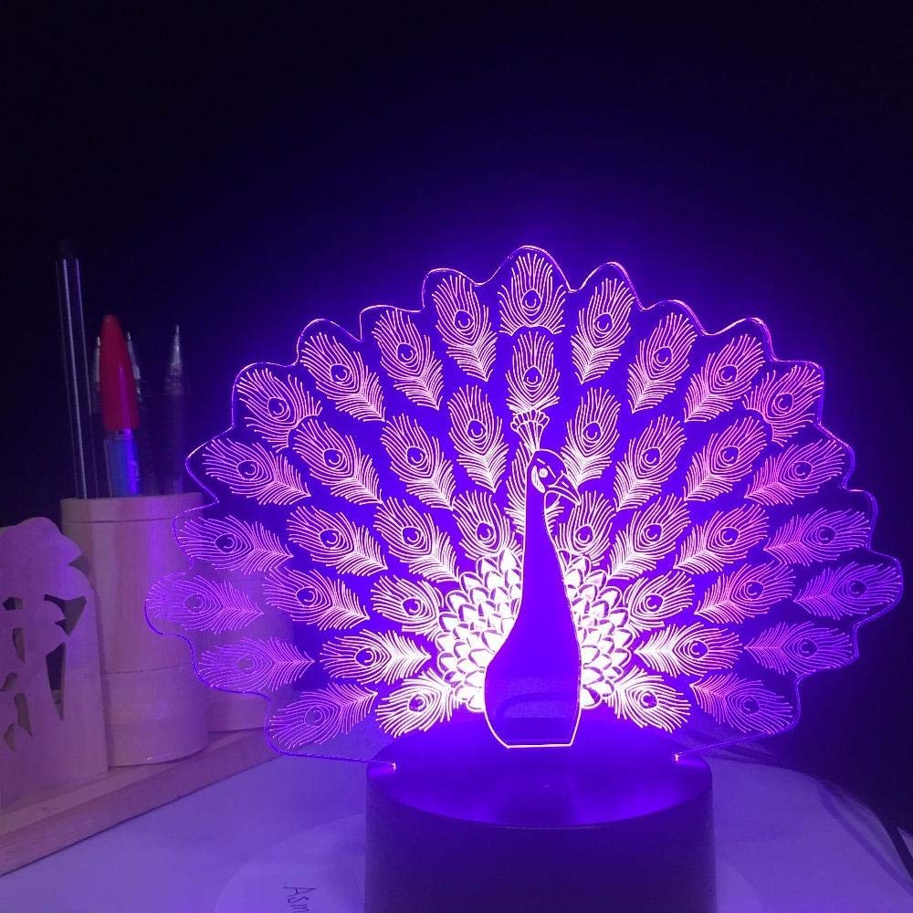 3D Night Light Peacock Tail LED 7 Color Changing Animal Table Lamp Home Decor Gifts