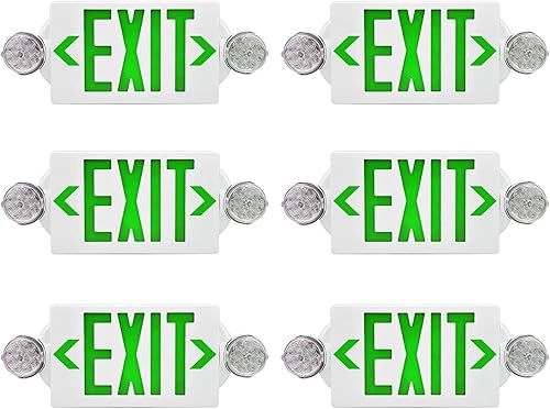 Señal de salida LED de luces de emergencia, luz de salida de emergencia verde con 2 luces de cabeza ajustables, combo de iluminación de salida de