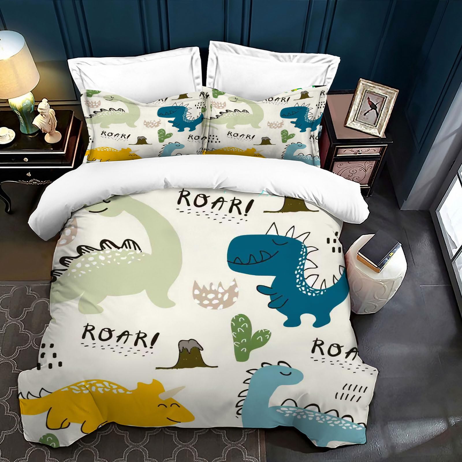 TSOPEFI Dinosaurus patroon kinderen beddengoed, Schattige cartoon kleurrijke dinosaurus print dekbedovertrek, Speels decoratief beddenset voor jongens meisjes (A, 135 x 200 cm