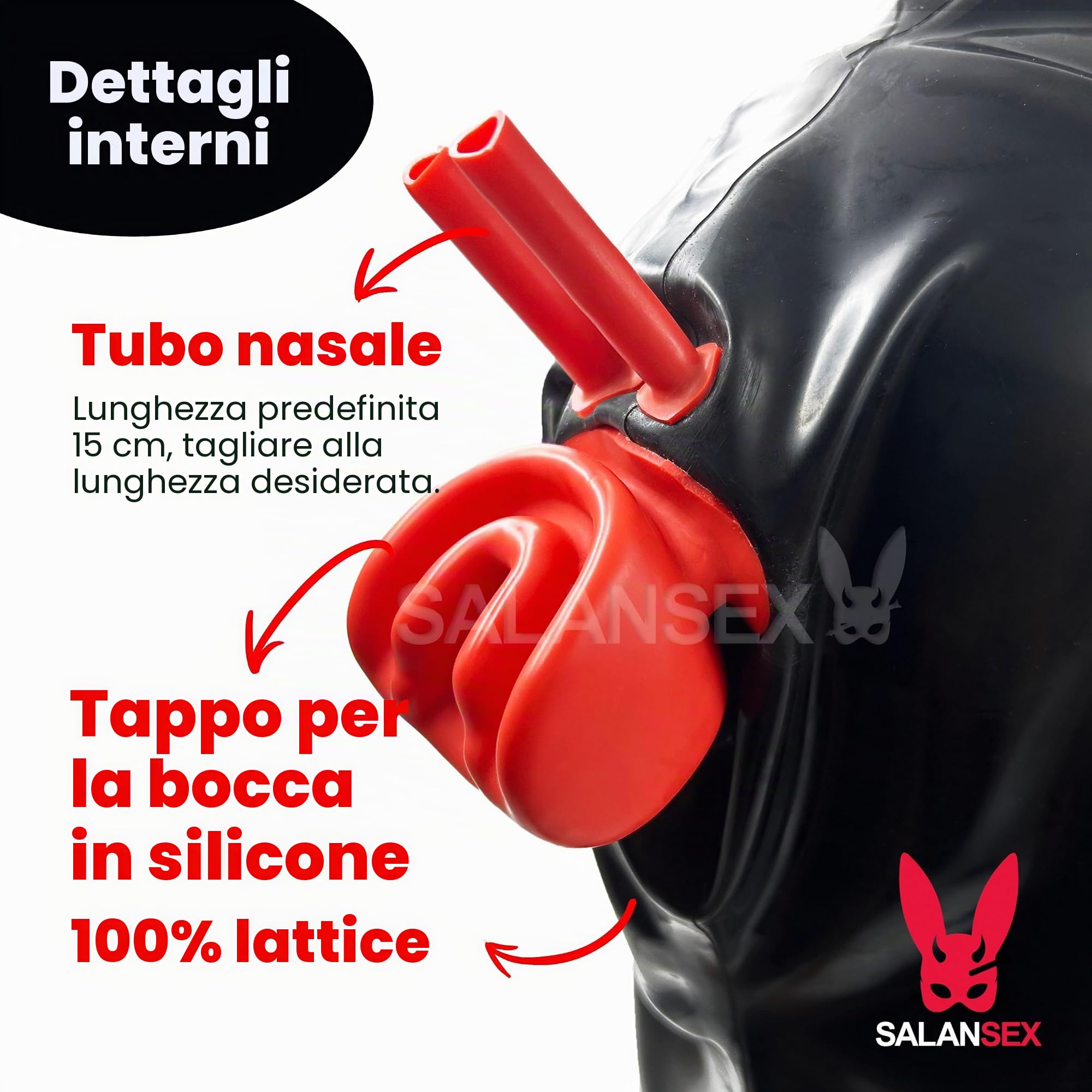 Maschera sexy a faccia piena lattice sesso con zip, bavaglio in silicone in lattice per maschera per tubi nasali per festa, cosplay, vacanza (M)