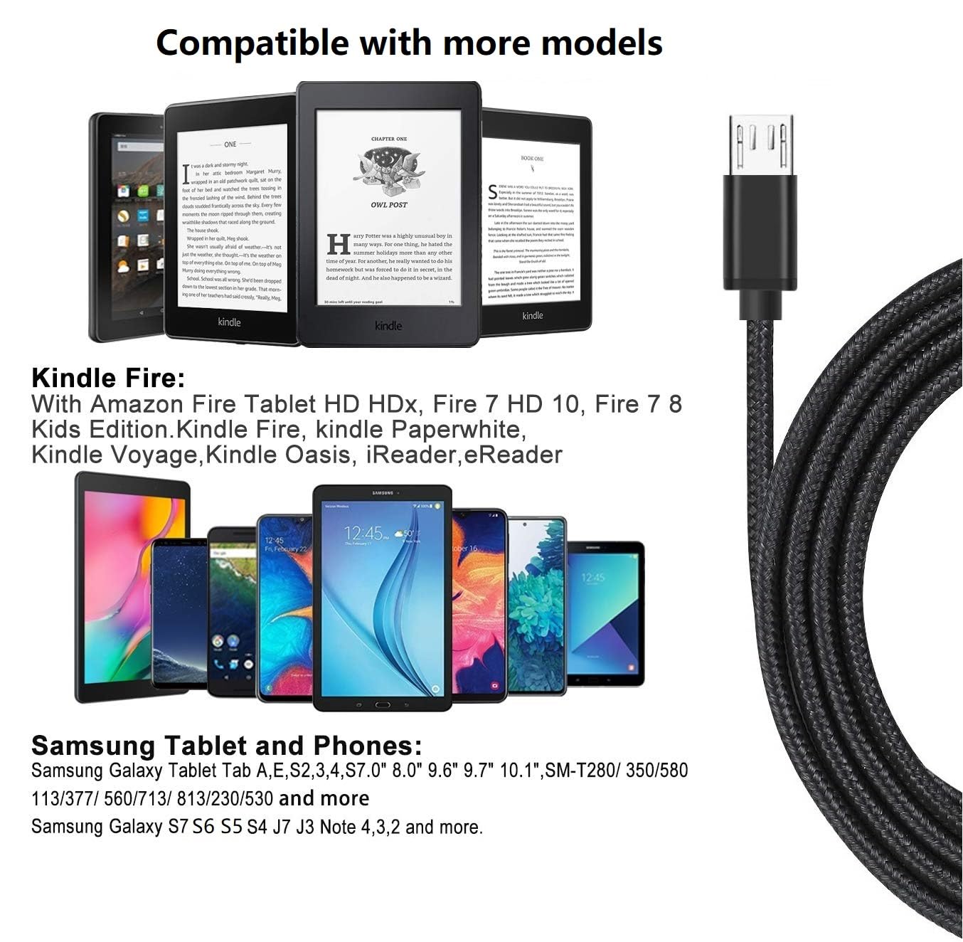 Confezione da 2 cavi di alimentazione micro USB da 2 m per Amazon Fire TV Stick, per Roku Streaming Stick, Express Plus, Premier Plus, Voice Remote Pro, caricabatterie Chromecast per Kindle Fire 10