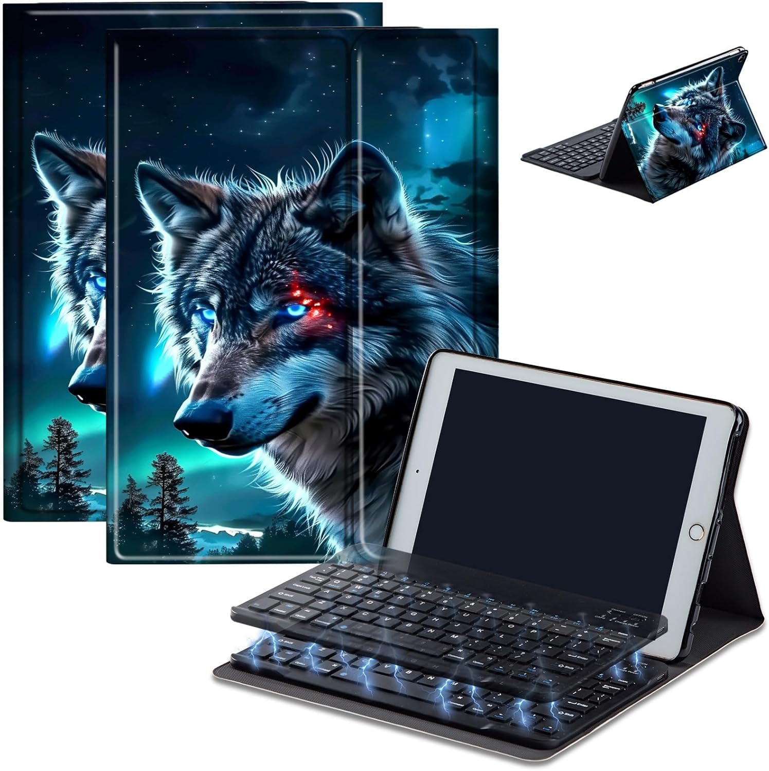Keyboard Case for Amazon Fire Max 11 (13th Generation, 2023 Release), Detachable Wireless Bluetooth Keyboard and Auto Sleep/Wake Fire Max 11 Tablet Case with Keyboard, Angry Blue Wolf