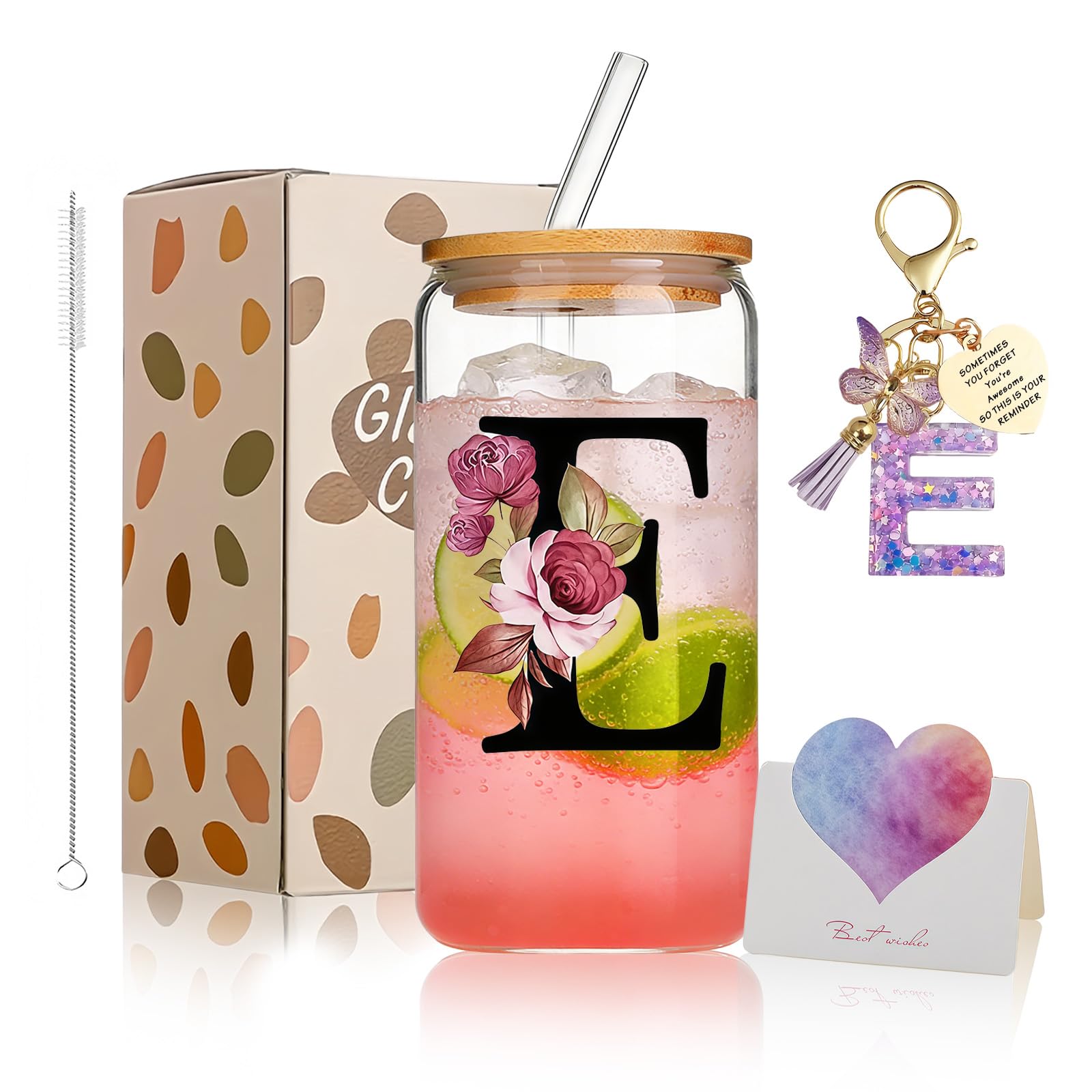 AWSOLAR 17.6oz Glass Cups with Lids and Straws, E Iced Coffee Cup, Personalised Gifts for Women and Men on Valentine, Mother, Father, Birthday, Christmas, Anniversary, Graduation Gifts